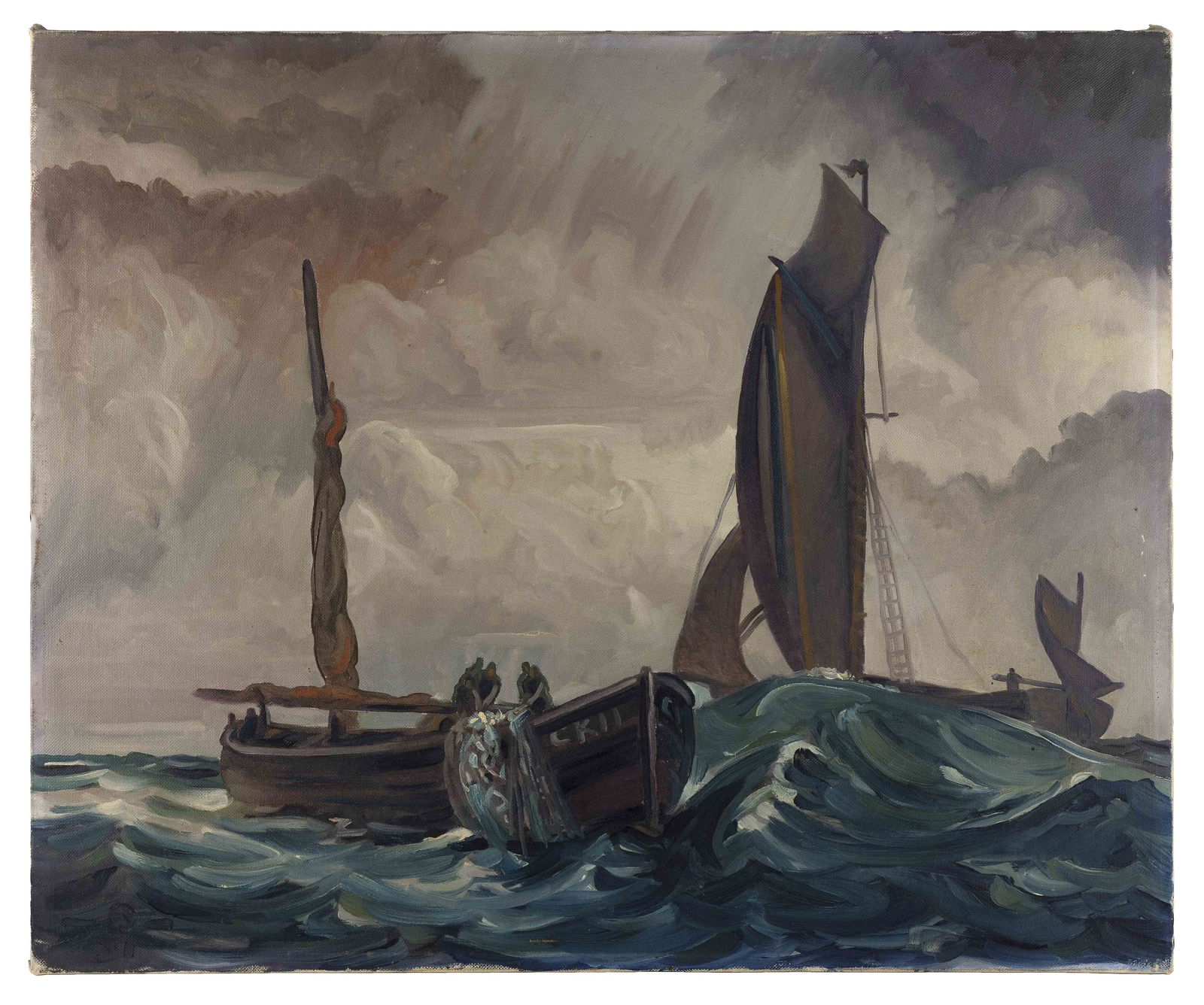 AMERICAN SCHOOL (Mid-20th Century,), Fishing in rolling seas., Oil on canvas, 28" x 34". Unframed. (1 of 2)