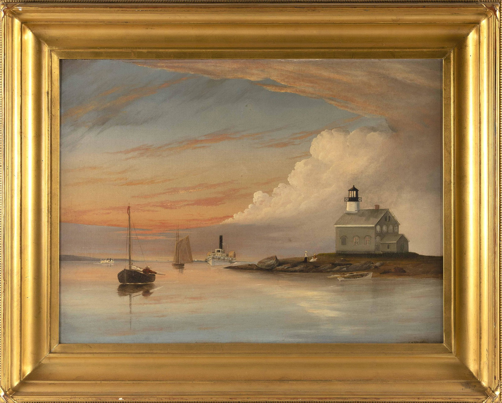 AMERICAN SCHOOL (19th Century,), Sunset coastal scene with lighthouse and a sidewheeler., Oil on: AMERICAN SCHOOL 19th Century Sunset coastal scene with lighthouse and a sidewheeler. Signed lower right "G.H. Edwards". Oil on canvas, 22" x 30". Framed 30.5" x 38.5".