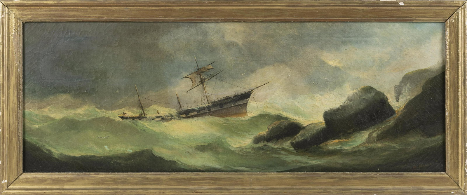 AMERICAN SCHOOL (19th Century,), A ship in rough seas., Oil on canvas, 13" x 36". Framed 15.5" x: AMERICAN SCHOOL 19th Century A ship in rough seas. Signed illegibly lower right. Oil on canvas, 13" x 36". Framed 15.5" x 38.5".