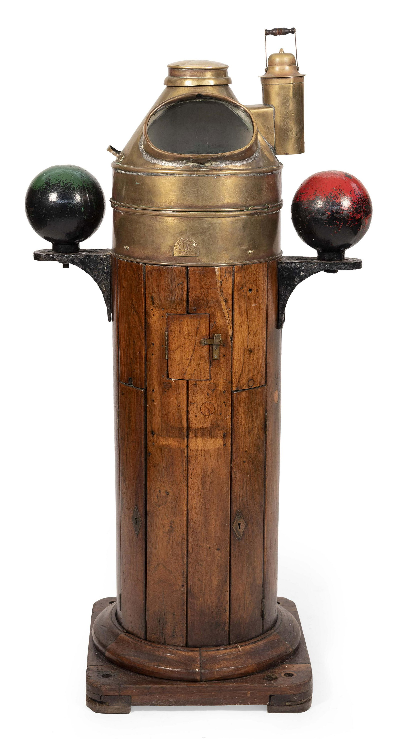 SHIP'S BINNACLE Late 19th/Early 20th Century Height 57”. Width 30”.: SHIP'S BINNACLE Late 19th/Early 20th Century Brass hood, wood stand and red and green compensating balls. Marked "Strumenti Nautici E. Canz”. Height 57”. Width 30”.