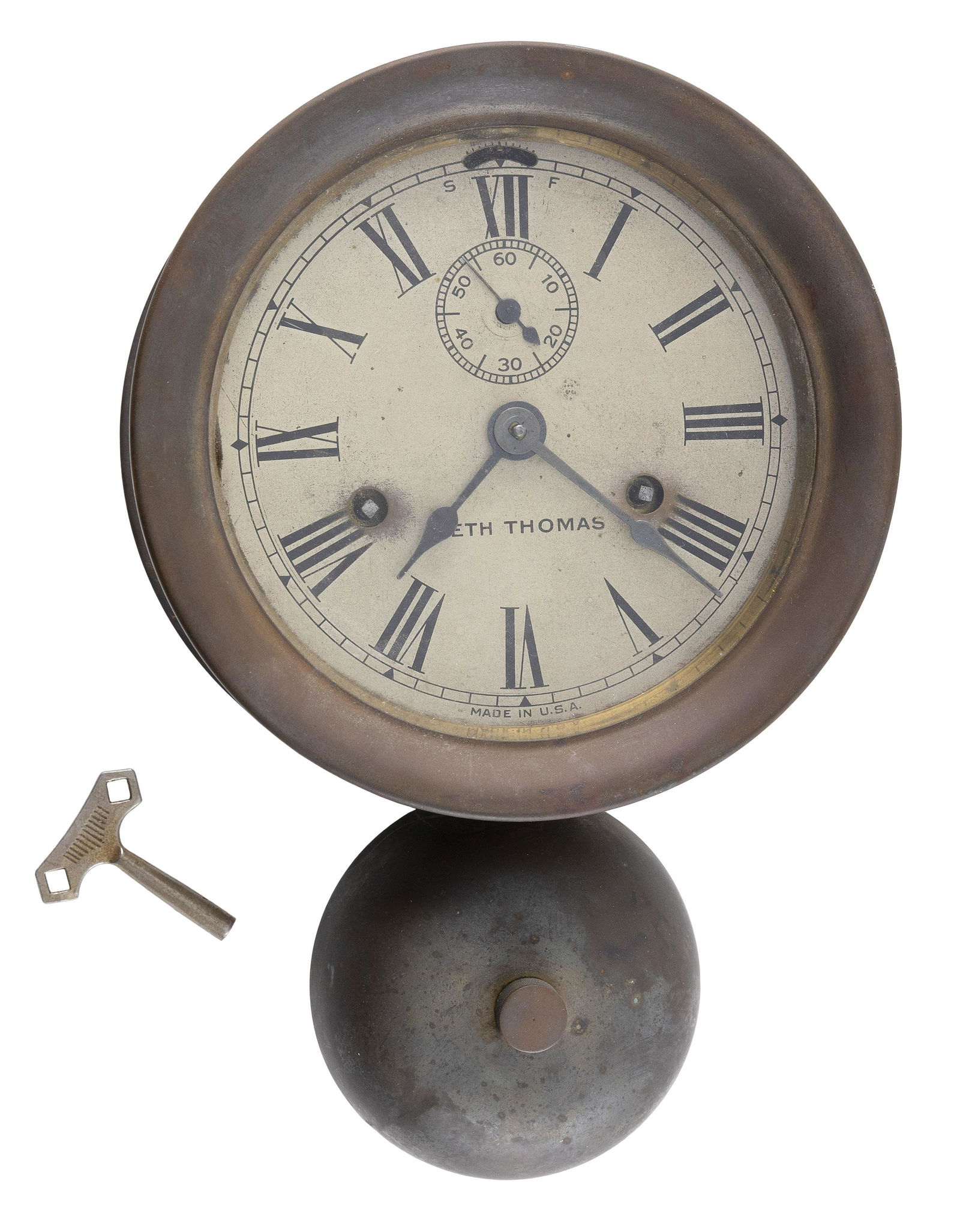 SETH THOMAS BULKHEAD CLOCK WITH EXTERIOR BELL Circa 1889 Height 10.5". Width 7".: SETH THOMAS BULKHEAD CLOCK WITH EXTERIOR BELLCirca 1889Signed "Seth Thomas" below the center on the 5.5" silvered face. Roman numeral hour dial, subsidiary seconds dial above the center
