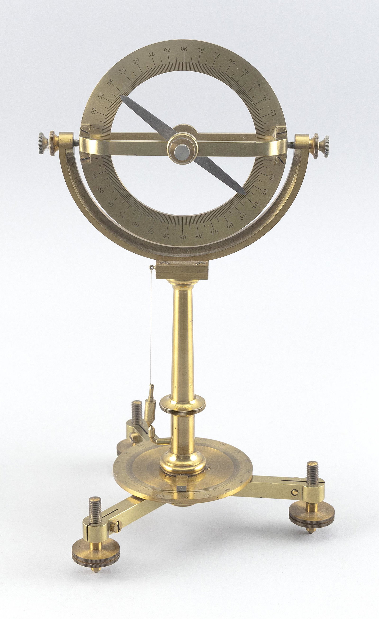 LACQUERED BRASS DIP NEEDLE England, Circa 1880 Height 11.5". Width 6.25".: LACQUERED BRASS DIP NEEDLE England, Circa 1880 Unsigned. Presented on a brass tripod base with leveling screws, supporting a 360-degree graduating circle, the central shaft, the pivoted graduating cir