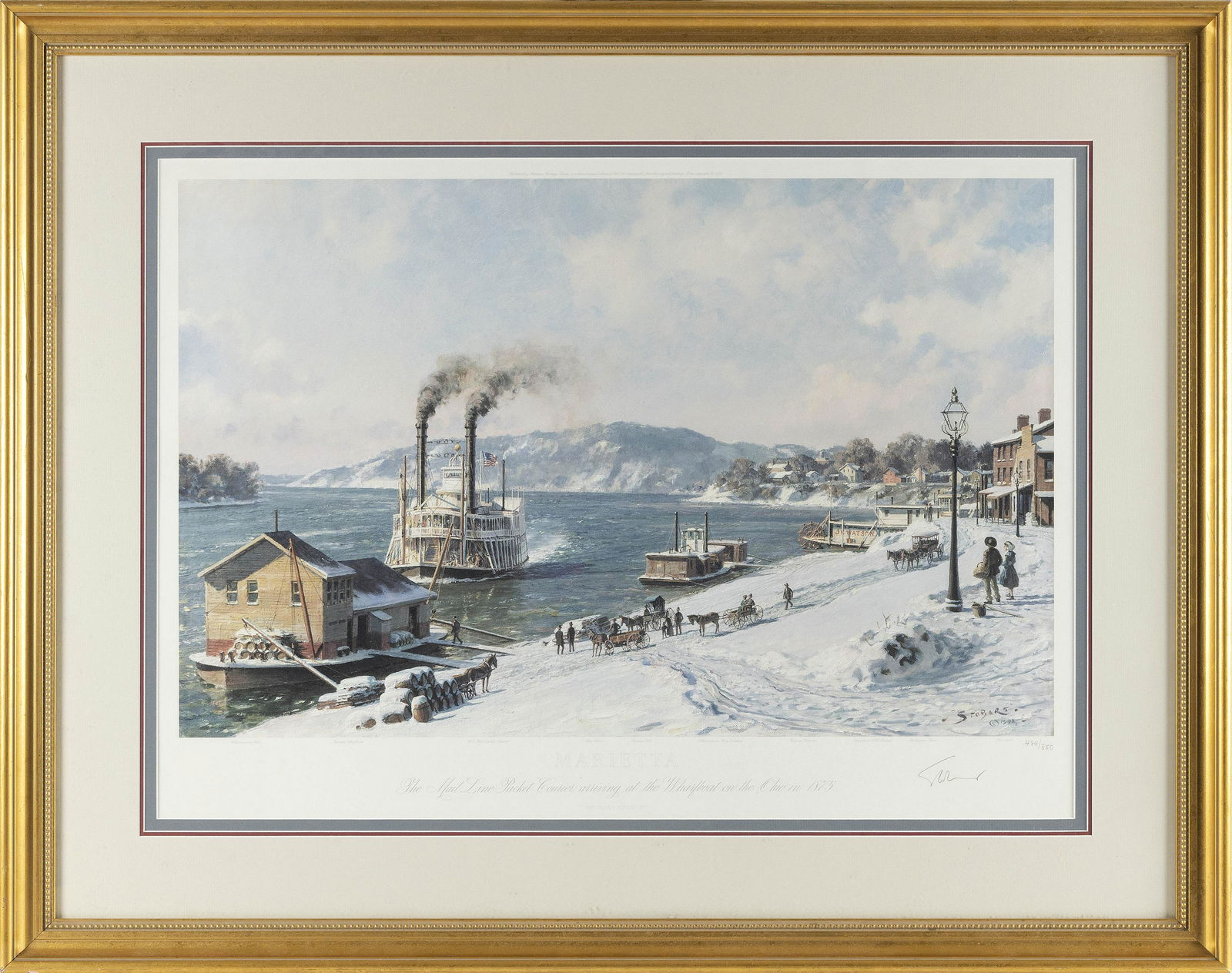 JOHN STOBART (Massachusetts/Florida, b. 1929), "Marietta: The Mail Line Packet 'Courier' Arriving at: JOHN STOBARTMassachusetts/Florida, b. 1929"Marietta: The Mail Line Packet 'Courier' Arriving at the Wharfboat on the Ohio in 1875". Signed in pencil lower right. Numbered 484/850.Lithograph on paper,