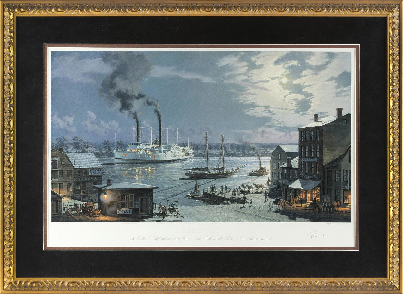JOHN STOBART (Massachusetts/Florida, b. 1929), “The City of Hartford Arriving from New York at: JOHN STOBARTMassachusetts/Florida, b. 1929“The City of Hartford Arriving from New York at the Foot of State Street in 1870”. Signed in pencil lower right "John Stobart”. Numbere
