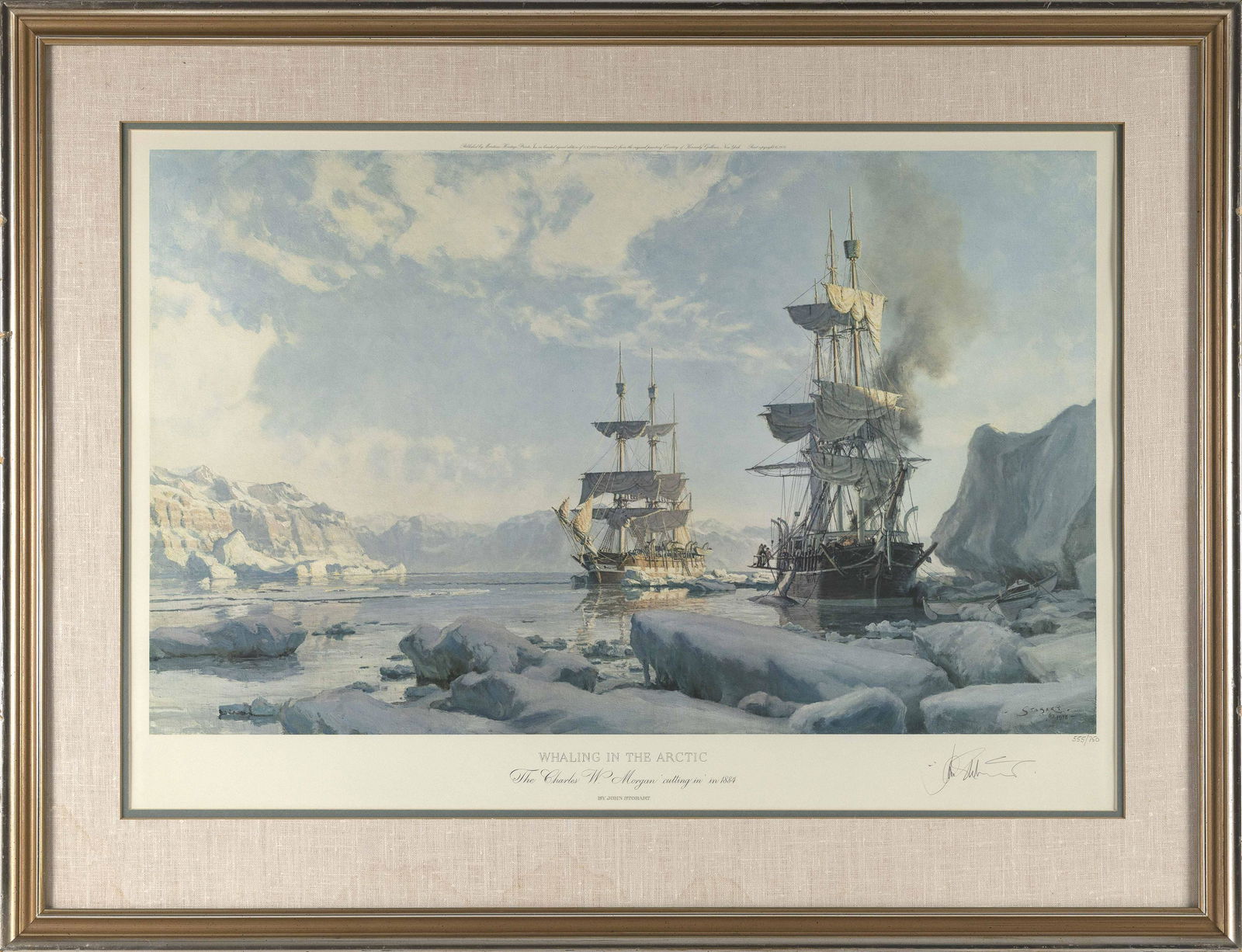 JOHN STOBART (Massachusetts/Florida, b. 1929), "Whaling In The Arctic: The 'Charles W. Morgan' in: JOHN STOBARTMassachusetts/Florida, b. 1929"Whaling In The Arctic: The 'Charles W. Morgan' in 1884". Signed in pencil lower right. Numbered 555/750.Lithograph on paper, 22.5" x 33.5"