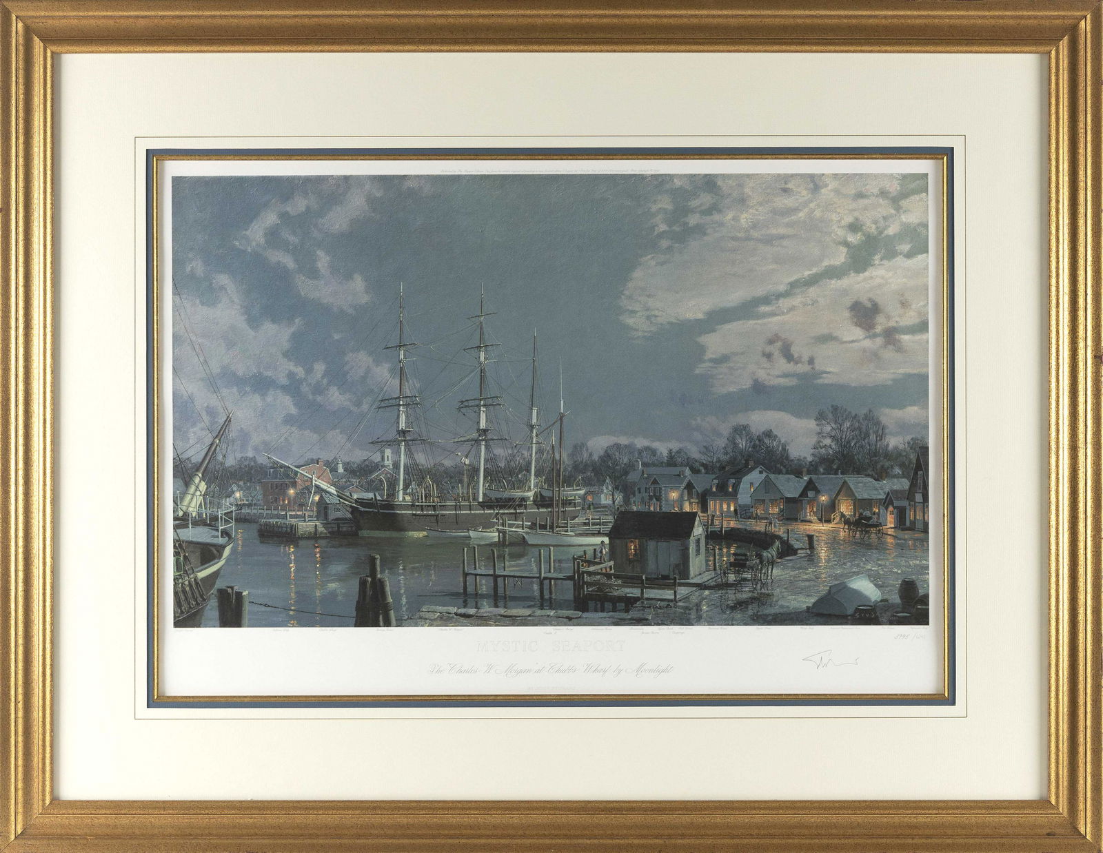 JOHN STOBART (Massachusetts/Florida, b. 1929), "Mystic Seaport The Charles W. Morgan at Chubb’: JOHN STOBARTMassachusetts/Florida, b. 1929"Mystic Seaport The Charles W. Morgan at Chubbâ€™s Wharf by Moonlight". Signed in pencil lower right. Numbered in pencil 3995/6141.Lithograph on paper, 1
