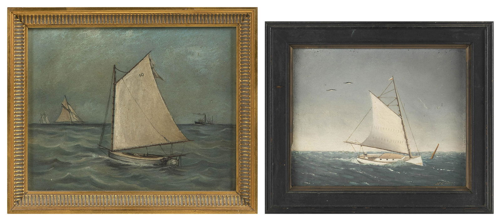 AMERICAN SCHOOL (Late 19th Century,), Two works featuring catboats., Oils on board, 8” x (1 of 5)
