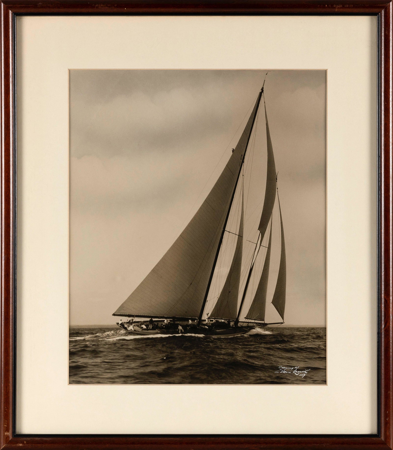 EDWIN LEVICK (England/America, 1868-1929), A day at sea. Possibly the yacht Wildfire., Silver: EDWIN LEVICK England/America, 1868-1929 A day at sea. Possibly the yacht Wildfire. Signed lower right "Copyright Edwin Levick NY". Silver albumen print, 14.5" x 12" sight. Framed 2