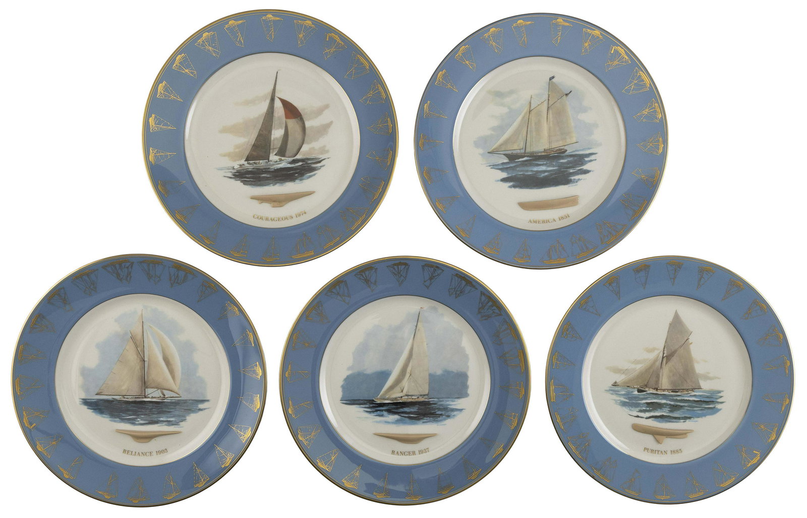 SET OF FIVE GORHAM LIMITED EDITION AMERICA'S CUP SOUVENIR PLATES Circa 1974 Diameters 10.75".: SET OF FIVE GORHAM LIMITED EDITION AMERICA'S CUP SOUVENIR PLATESCirca 1974Titled on the undersides "1851-1974 In Tribute to The America's Cup Races The Boats - The Men - And the Sea ...", wi