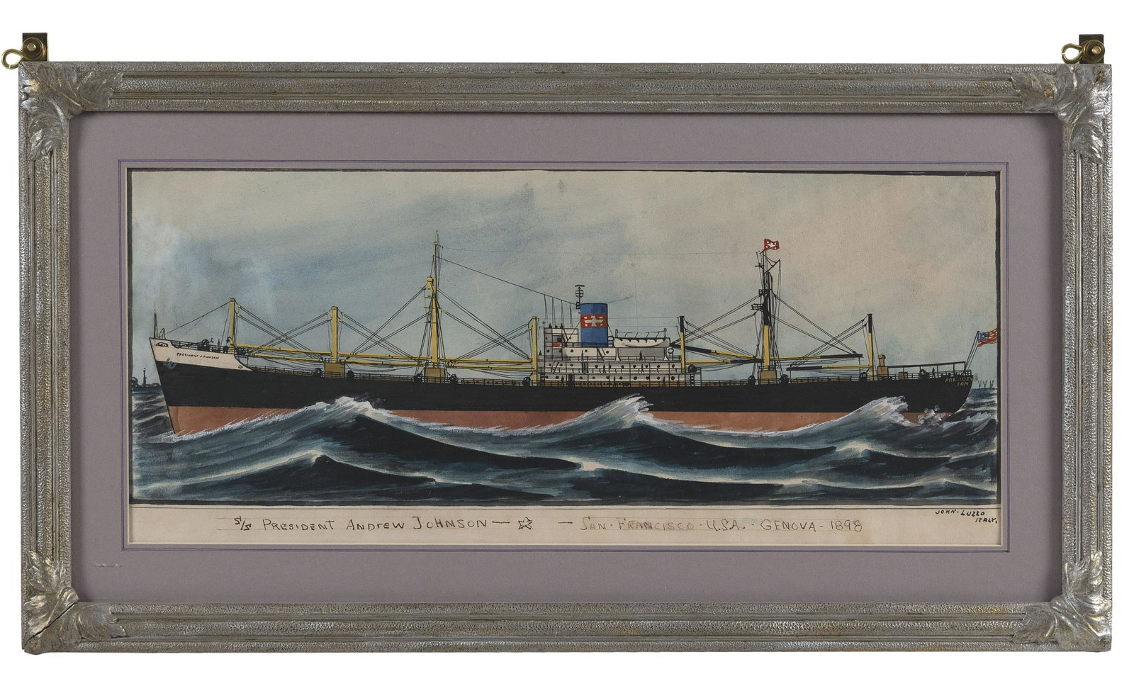 JOHN LUZZO (Italy, Late 19th Century), "S/S President Andrew Johnson - San Francisco U.S.A. Geneva: JOHN LUZZO Italy, Late 19th Century "S/S President Andrew Johnson - San Francisco U.S.A. Geneva 1898". Signed lower right "John Luzzo Italy". Titled lower center. Watercolor on pap