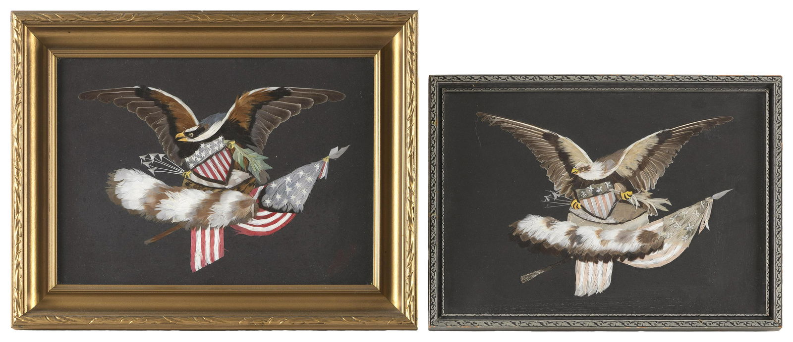 TWO PATRIOTIC FEATHERWORK PICTURES Early 20th Century Largest framed 10.5" x 13.75". (1 of 2)