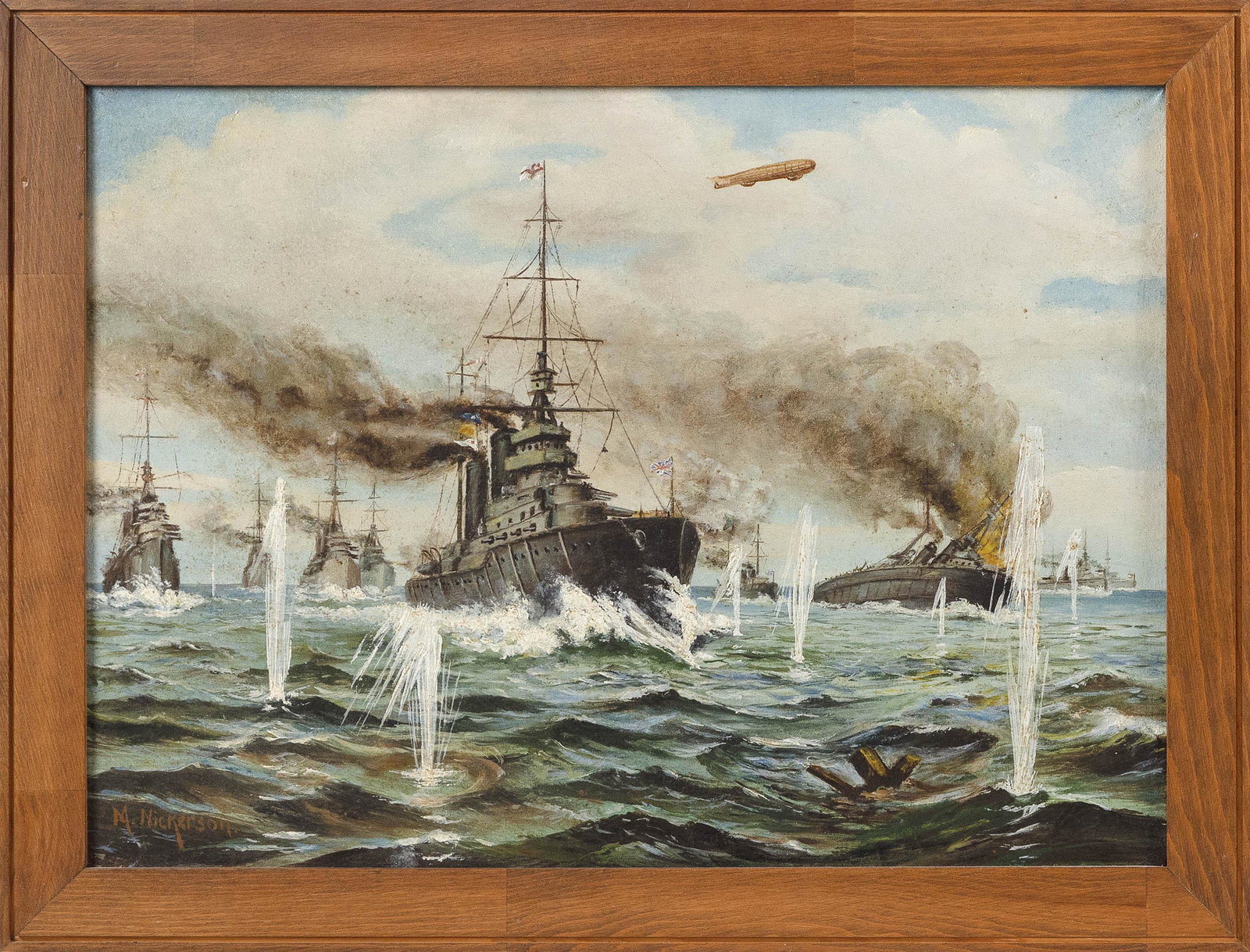 MANTON JUDAH NICKERSON (Nova Scotia, 1871-1940), World War I naval battle scene with English ships.,: MANTON JUDAH NICKERSON Nova Scotia, 1871-1940 World War I naval battle scene with English ships. Signed lower left â€œM. Nickerson”. Oil on canvas, 15” x 20”. Framed 17.5” 