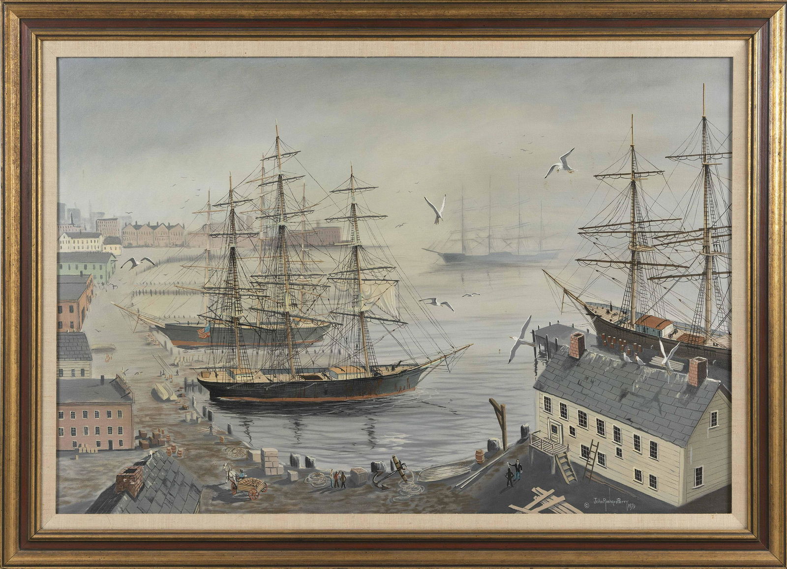 JOHN RICHARD PERRY (Maine, b. 1945), Harbor scene., Oil on canvas, 24" x 36". Framed 29" x 41". (1 of 2)