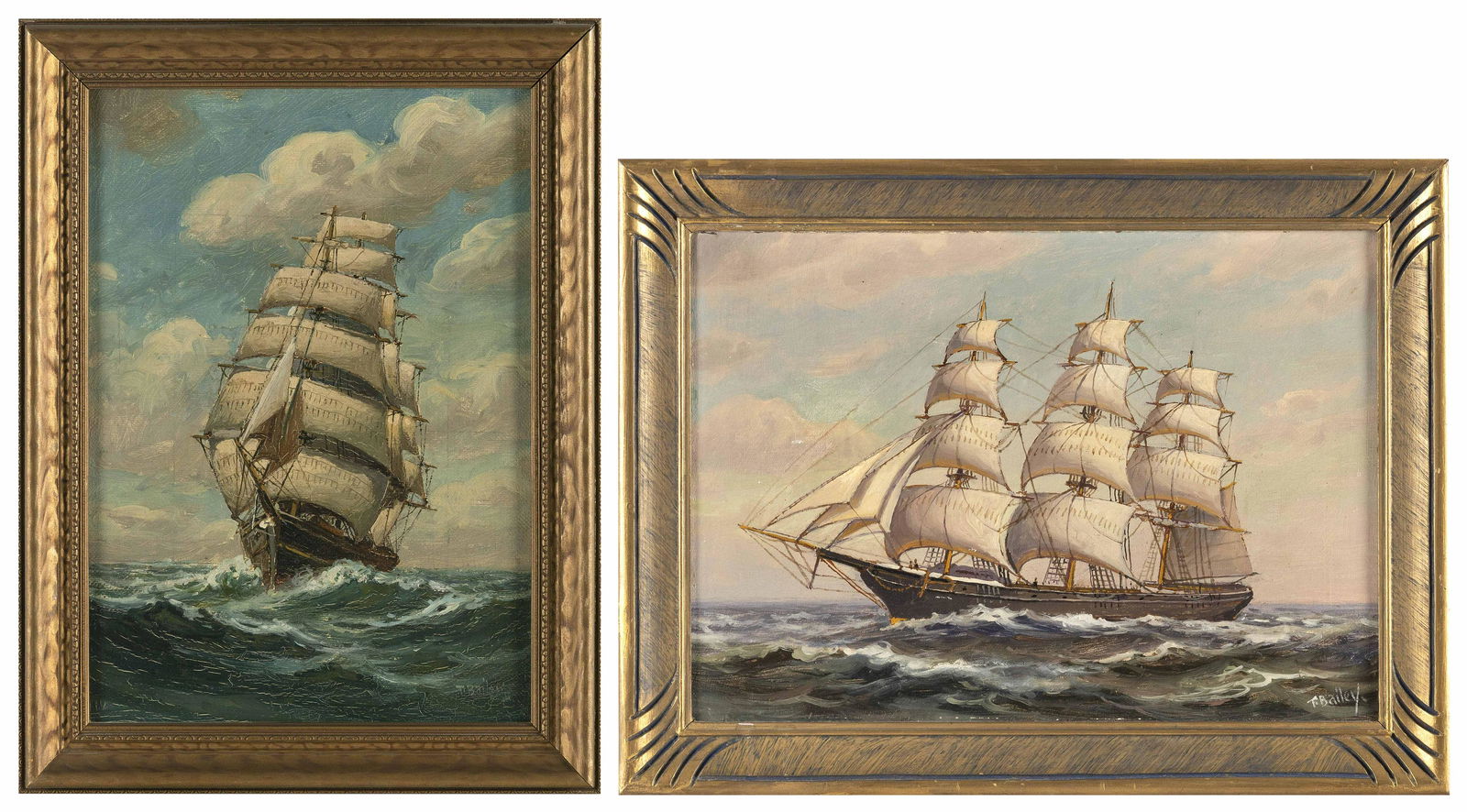 T. BAILEY (America, 19th/20th Century), Two views of ships under full sail., Oils on canvas, 10" x (1 of 5)