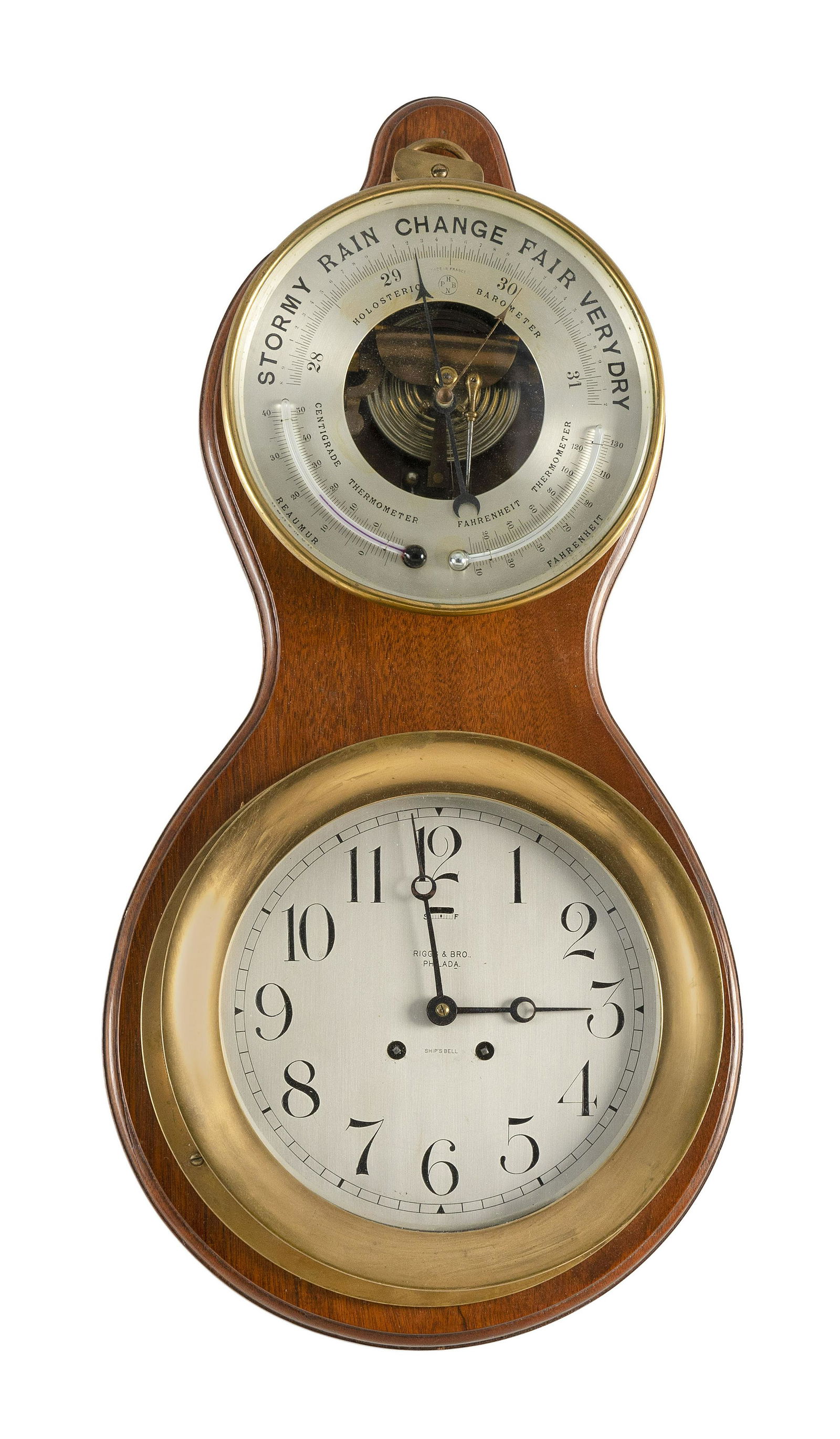 CHELSEA SHIP'S BELL CLOCK RETAILED BY RIGGS & BRO., PHILADELPHIA Circa 1900 Backboard height 24". (1 of 3)