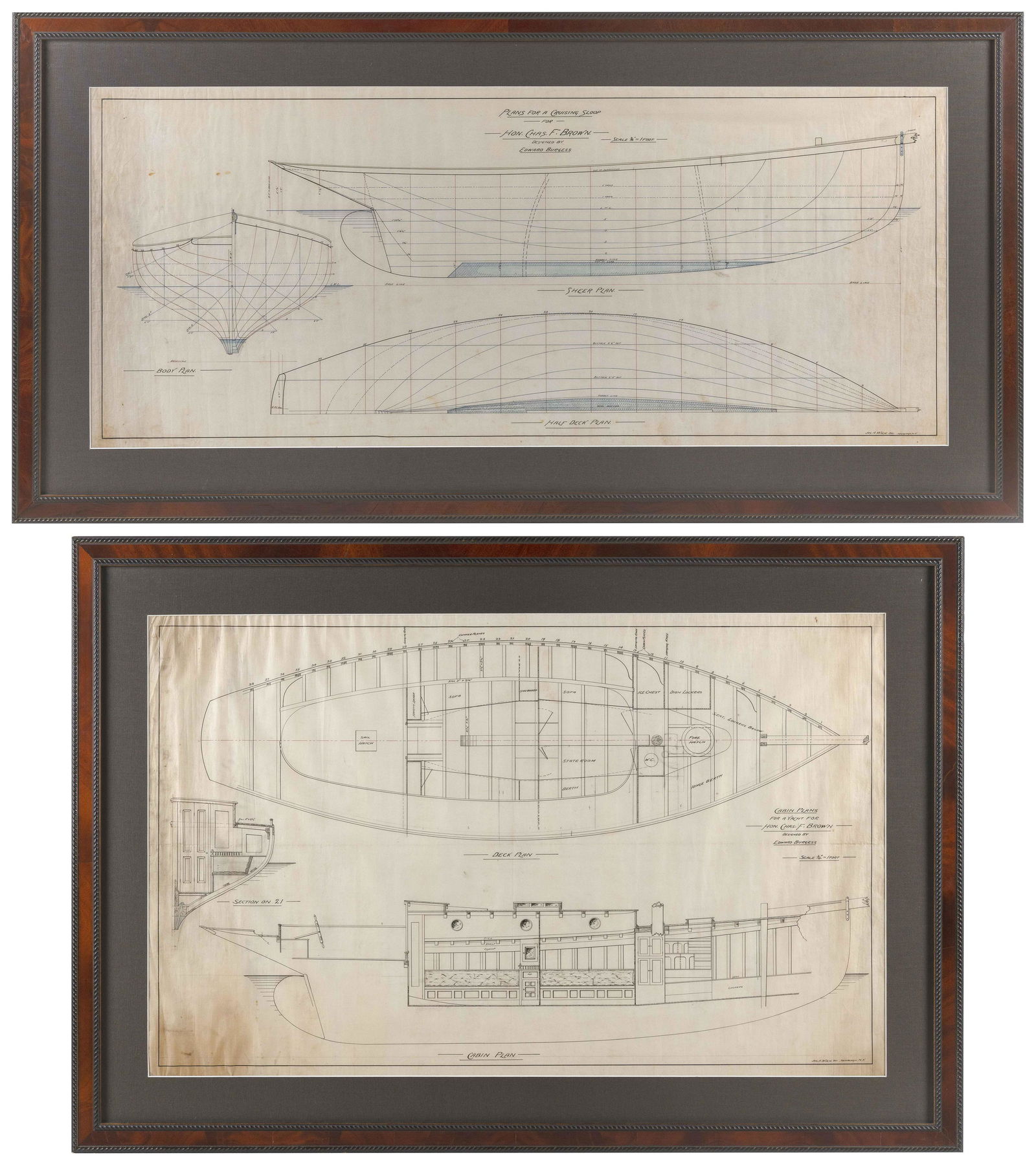 PAIR OF WILLIAM STARLING BURGESS SHIP PLANS Early 20th Century 22.5" x 35.5" and 17.75" x 42.5" (1 of 5)
