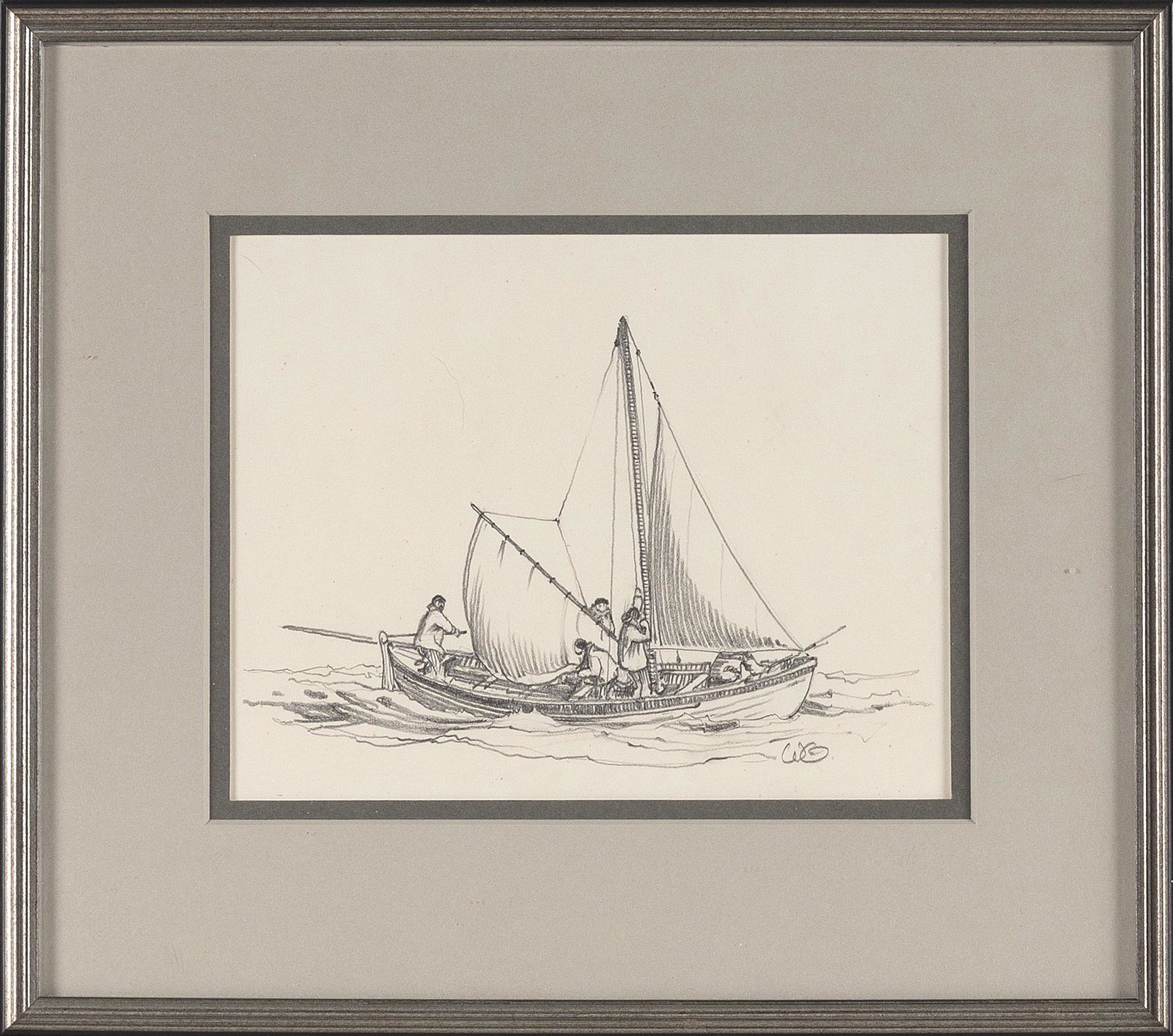 WILLIAM GILKERSON (Wisconsin/Nova Scotia, 1936-2015), "Setting up Sails in a Whaleboat"., Pencil on: WILLIAM GILKERSONWisconsin/Nova Scotia, 1936-2015"Setting up Sails in a Whaleboat". Signed lower right "W.G.". Titled on label verso.Pencil on paper, 7" x 9" sight. Frame