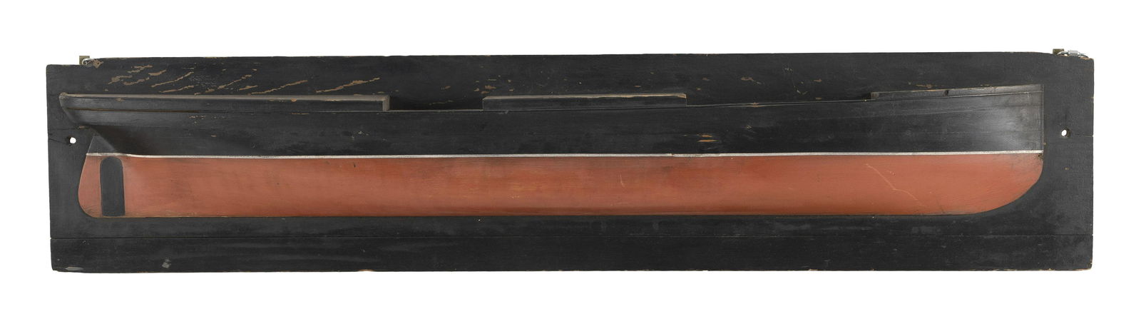 MOUNTED HALF HULL MODEL OF A MOTOR YACHT First Quarter of the 20th Century Pine backboard 9.75” (1 of 1)