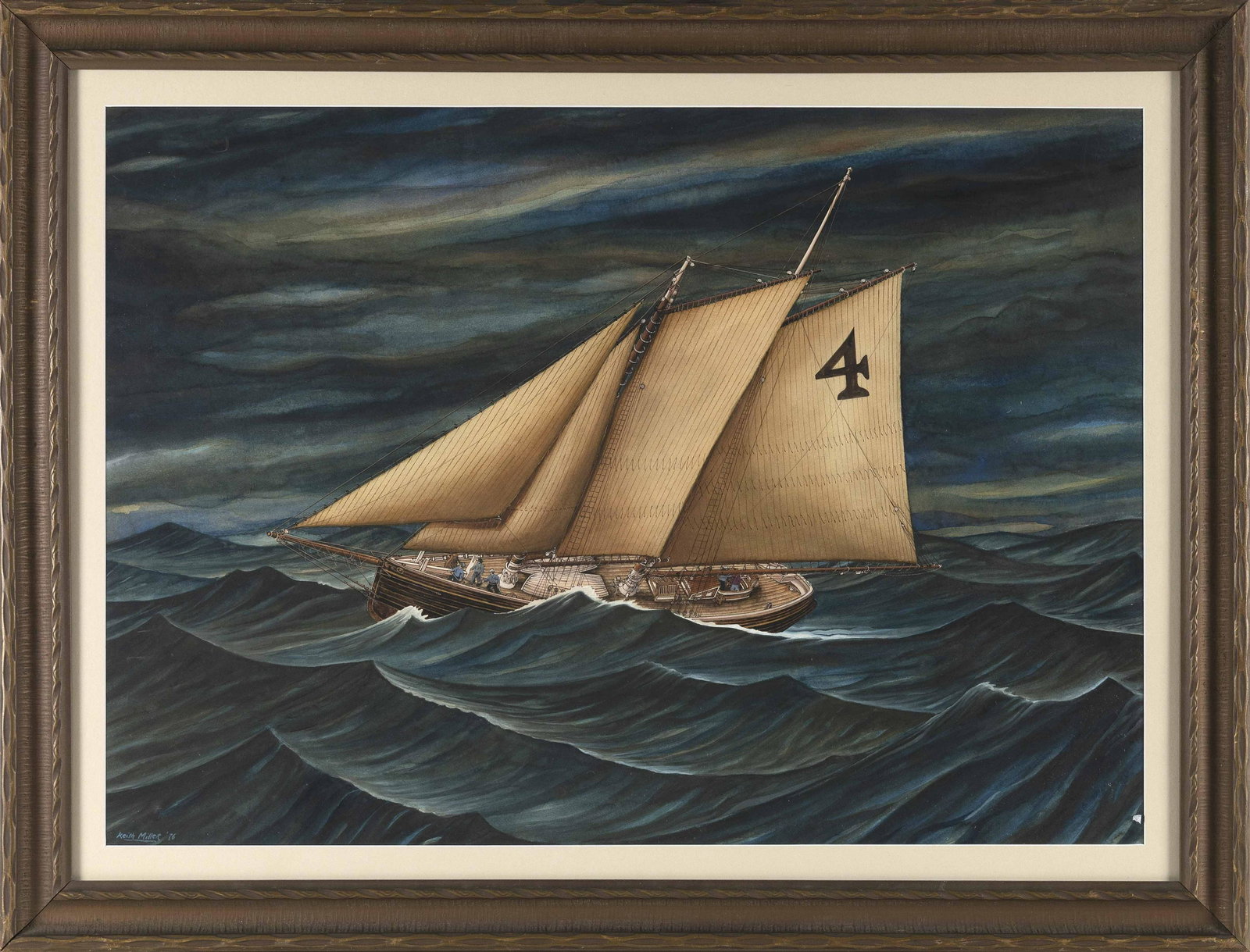 KEITH MILLER (Canada/Mexico, b. 1949), "Boston Pilot Schooner Friend"., Watercolor on paper,: KEITH MILLER Canada/Mexico, b. 1949 "Boston Pilot Schooner Friend". Signed and dated lower left “Keith Miller 76”. Titled verso. Watercolor on paper, 19.25” x 27.5” s