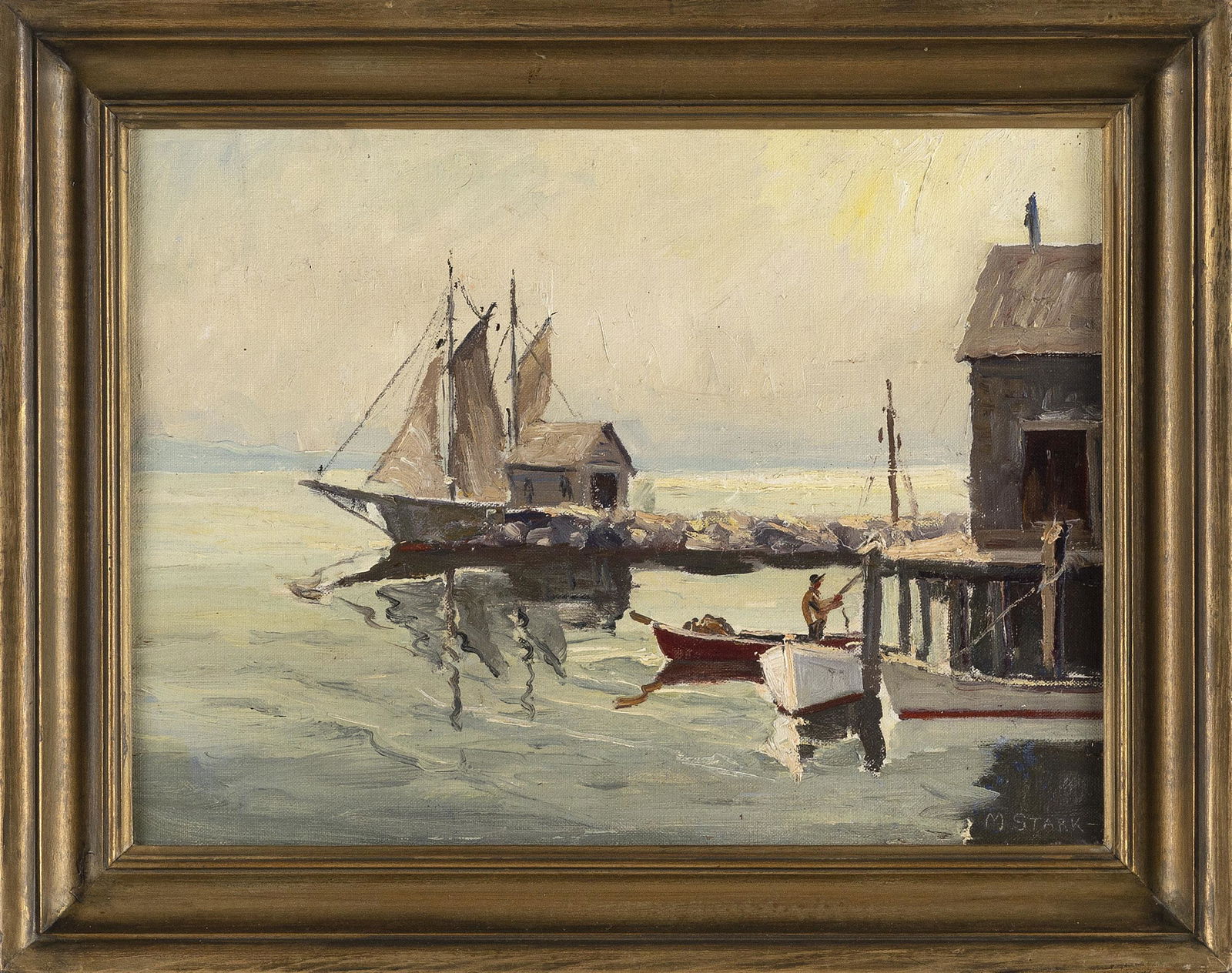 MELVILLE STARK (Pennsylvania, 1903-1987), Waterfront scene of a dock, jetty and boats., Oil on (1 of 2)