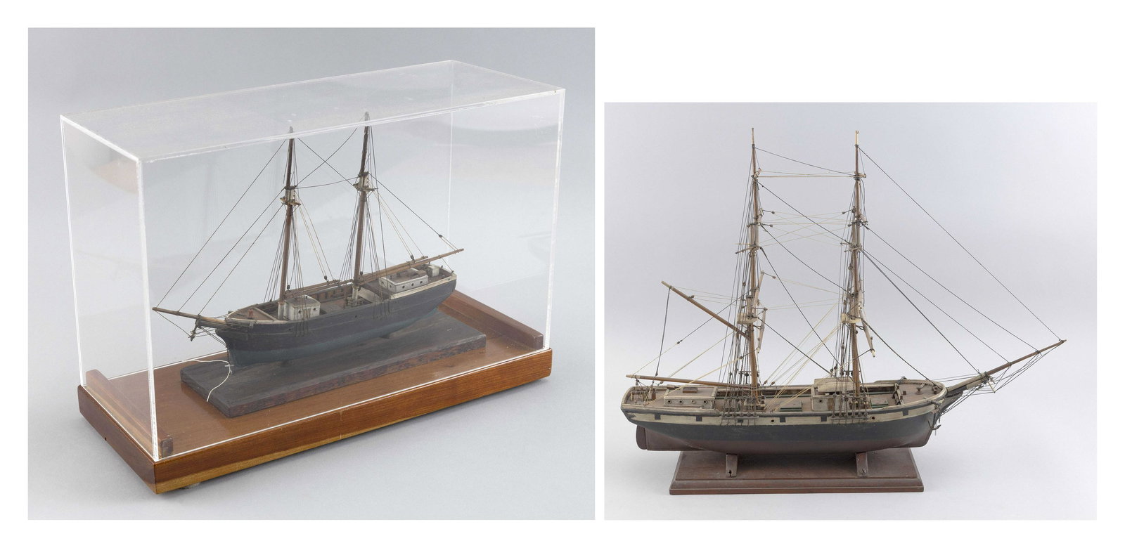 TWO MODELS OF SAILING VESSELS First Half of the 20th Century Largest height approx. 17”.: TWO MODELS OF SAILING VESSELS First Half of the 20th Century A brig and a cased fishing schooner. Largest height approx. 17”. Length 21.5”.