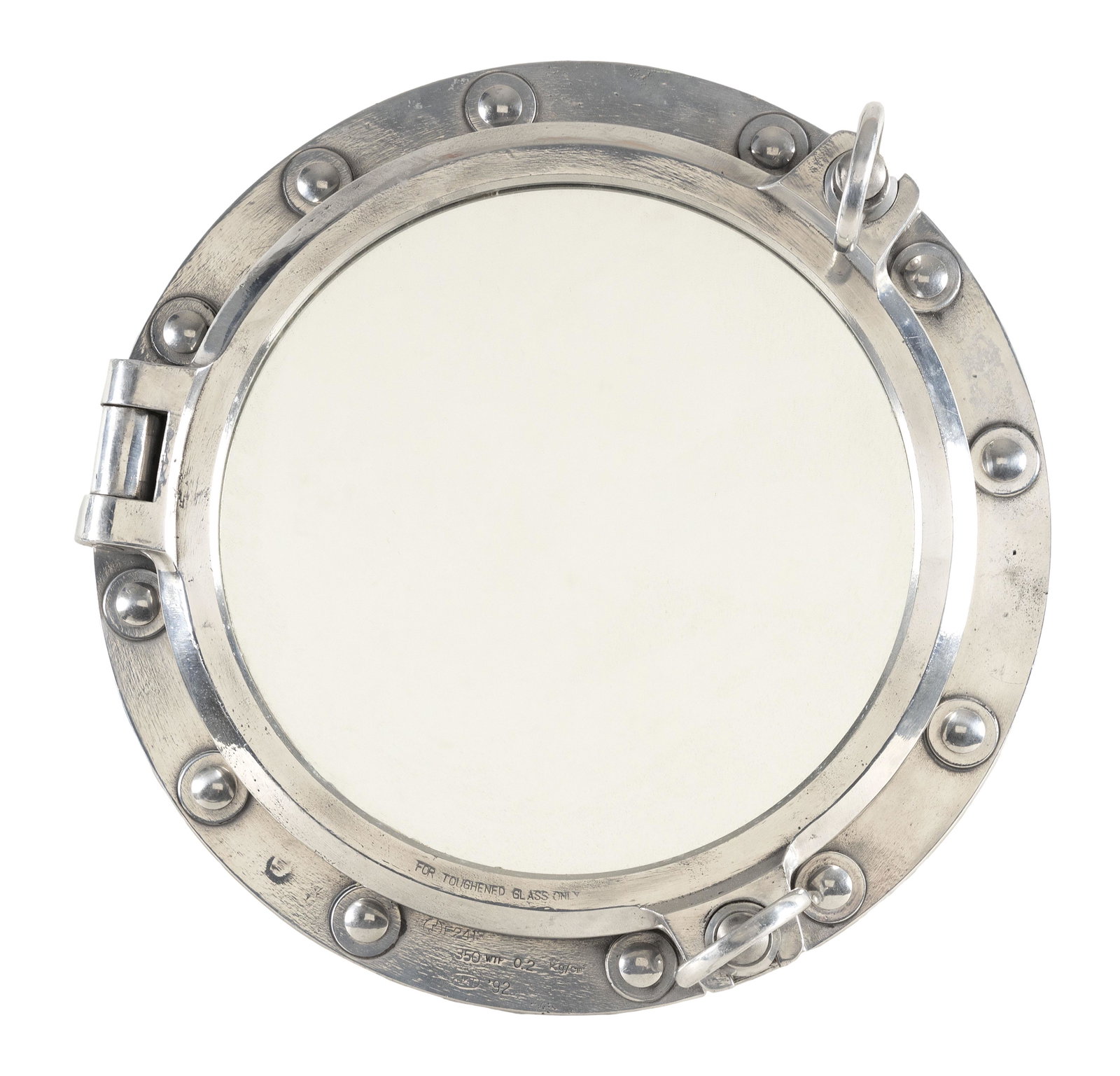 SHIP'S PORTHOLE CONVERTED TO A WALL MIRROR 20th Century Diameter approx. 20”.: SHIP'S PORTHOLE CONVERTED TO A WALL MIRROR 20th Century Mounted to a teak back plate. Diameter approx. 20”.