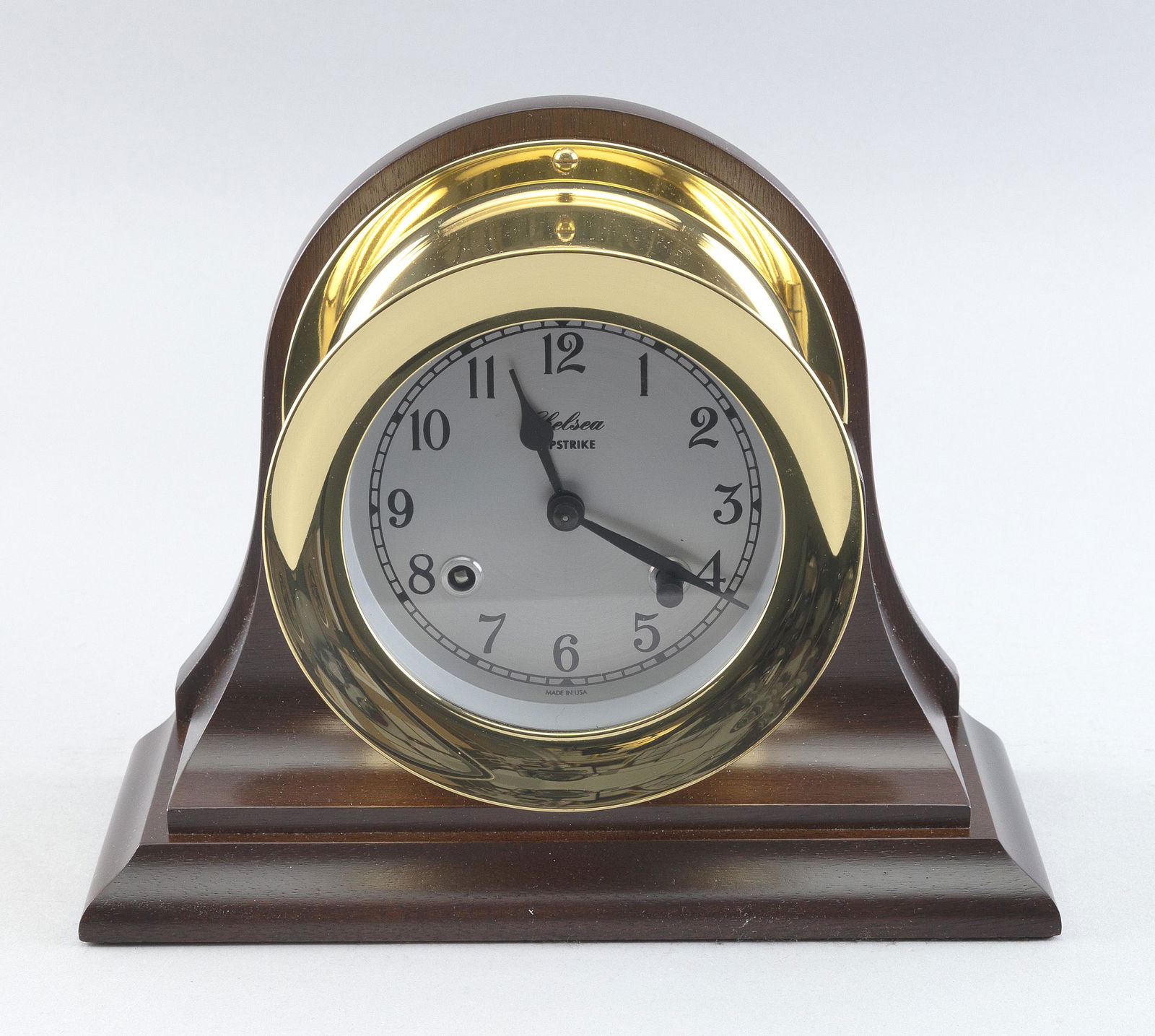 CHELSEA SHIP'S BELL CLOCK Dial diameter 4.5". Total height 7.5". Width 9.5". Depth 4". (1 of 2)