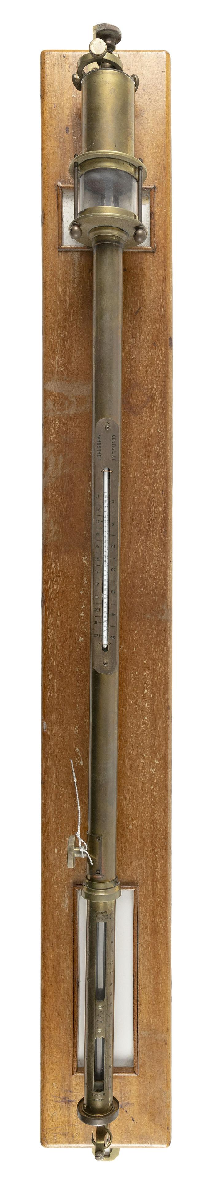 BRASS STICK BAROMETER BY W. & J. GEORGE BECKER London, 19th Century Total height 45".: BRASS STICK BAROMETER BY W. & J. GEORGE BECKERLondon, 19th CenturyMarker's name etched into brass tube. Mounted on board.Total height 45".