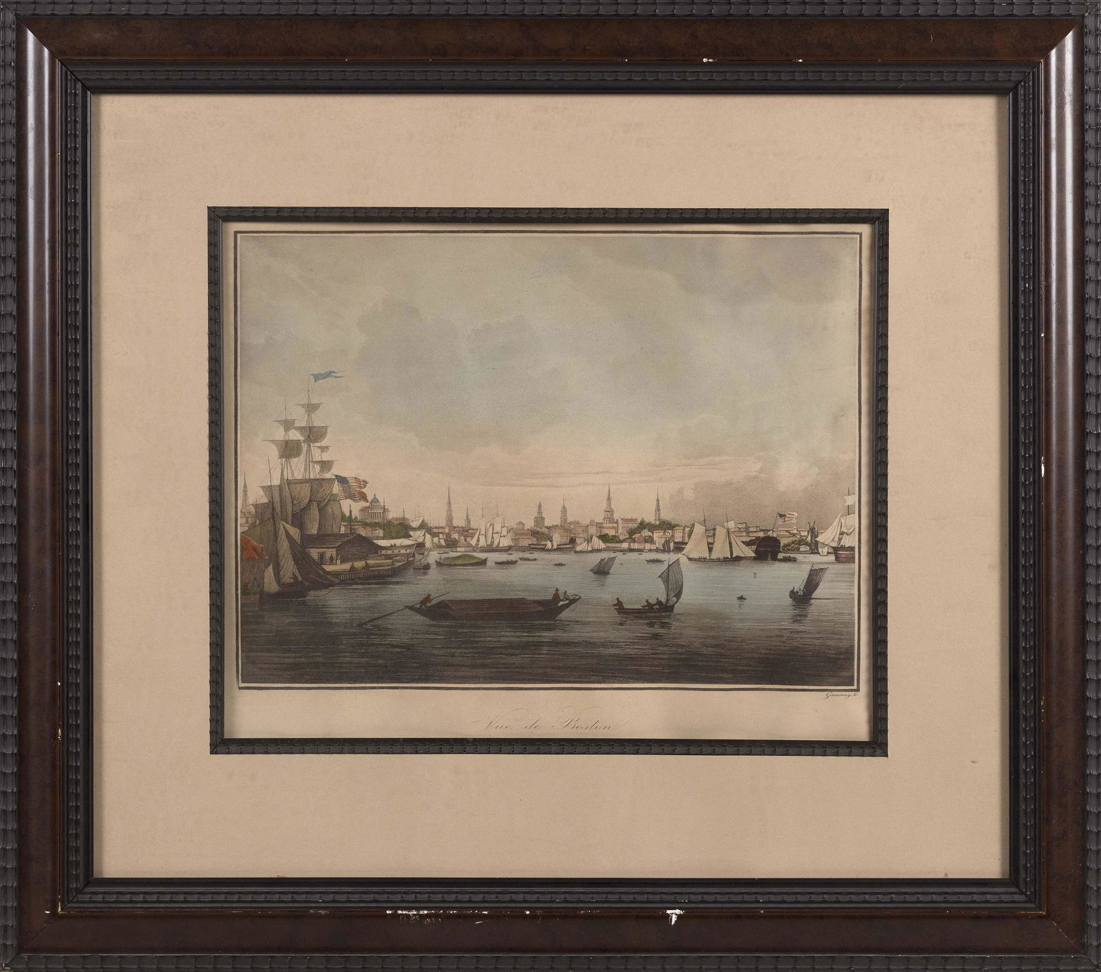 VIEW OF BOSTON AFTER AMBROISE LOUIS GARNERAY 19th Century Hand-colored etching, 11.75" x 15" sight. (1 of 2)