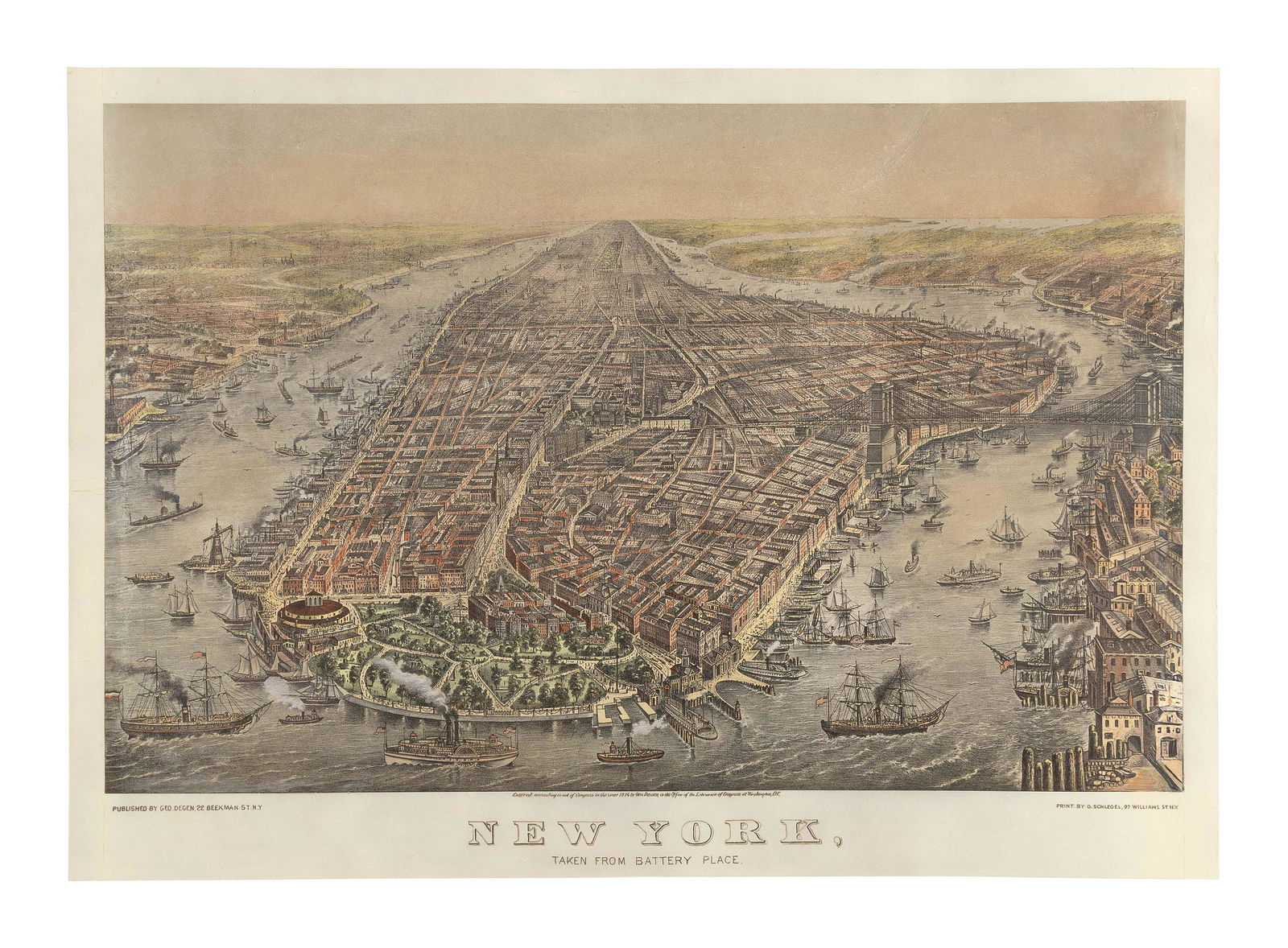 VIEW OF NEW YORK FROM BATTERY PLACE Hand-colored lithograph on paper, sheet 17.5" x 25". Unframed. (1 of 1)