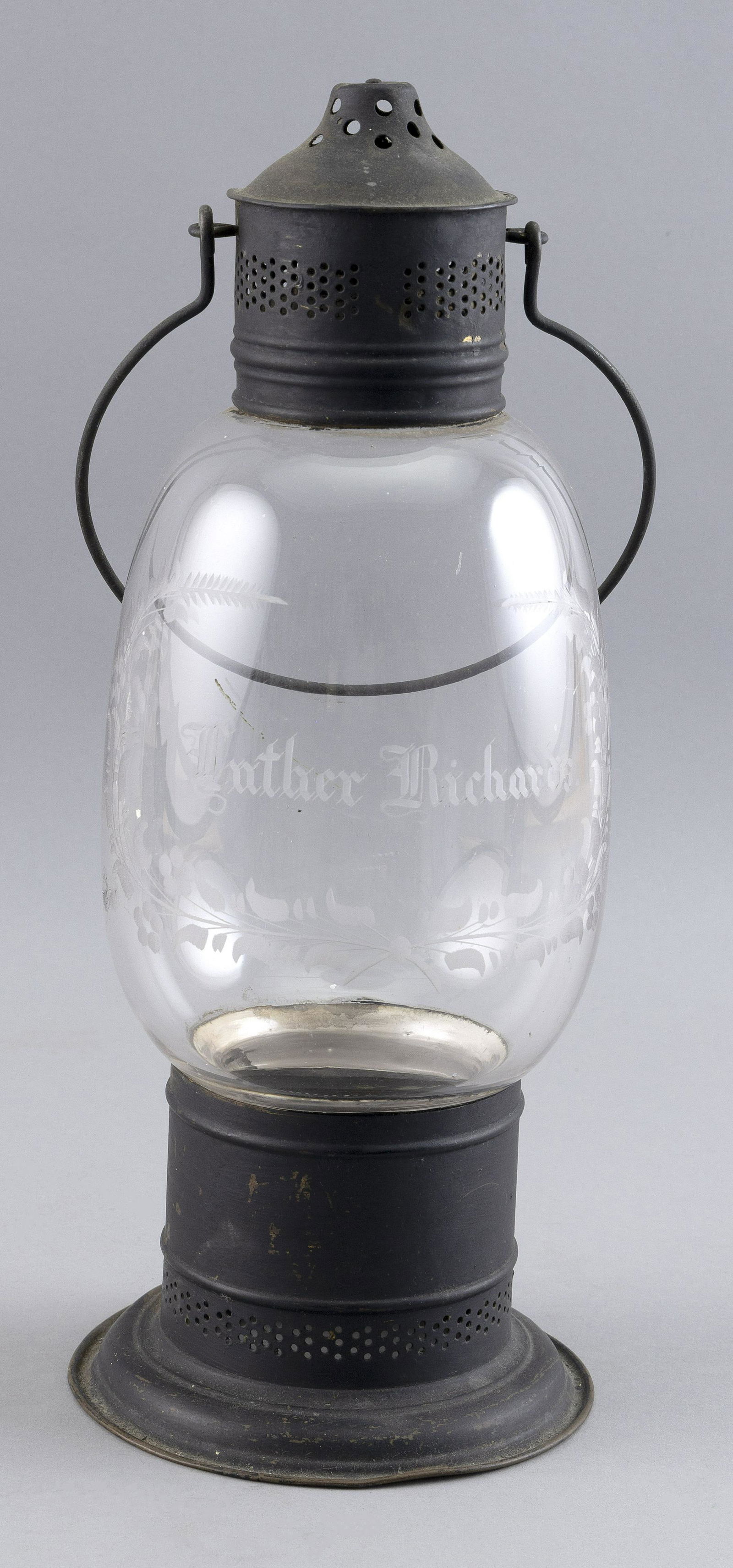 BLACK PAINTED BRASS AND ETCHED GLASS LANTERN Late 19th Century Height 14.5”. (1 of 2)