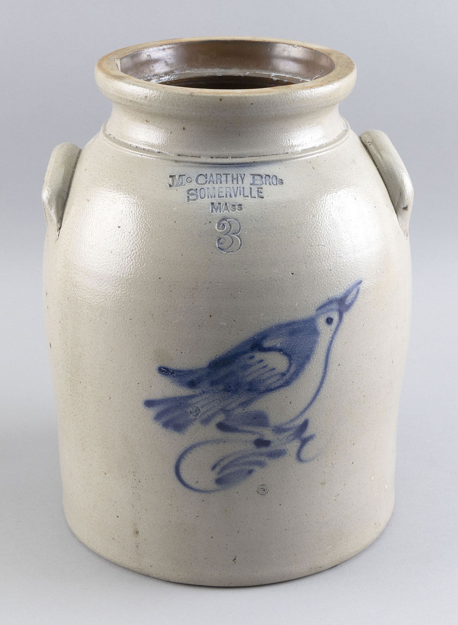 THREE-GALLON CROCK BY MCCARTHY BROTHERS, SOMERVILLE, MASSACHUSETTS 19th Century Height 13". (1 of 2)