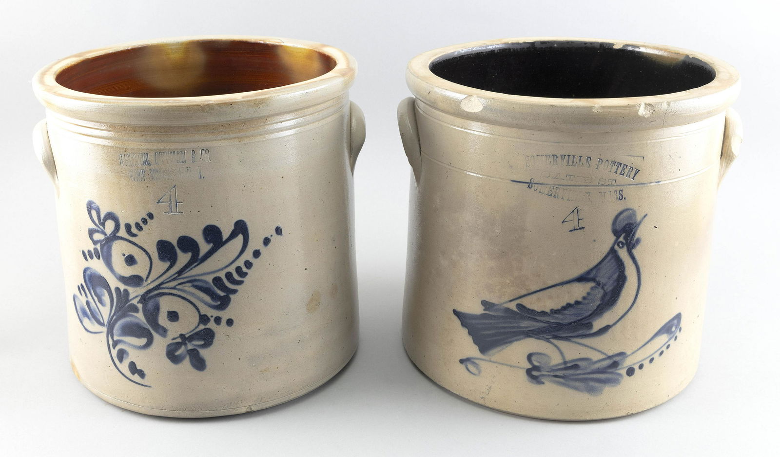 TWO FOUR-GALLON STONEWARE CROCKS 19th Century Heights 11.5". (1 of 2)