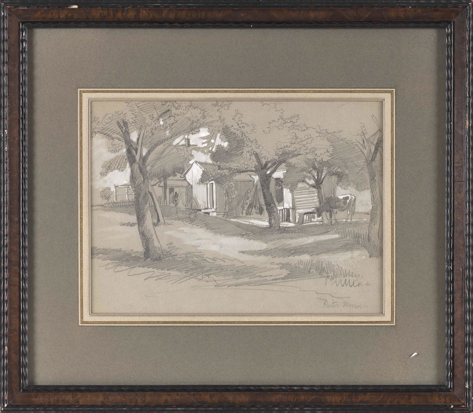 PETER MORAN (Pennsylvania, 1841-1914), Landscape with farm and cow., Mixed media on paper, 8.5”: PETER MORANPennsylvania, 1841-1914Landscape with farm and cow. Signed lower right “Peter Moran”.Mixed media on paper, 8.5” x 11.75” sight. Framed 16.5” x 19.5”.