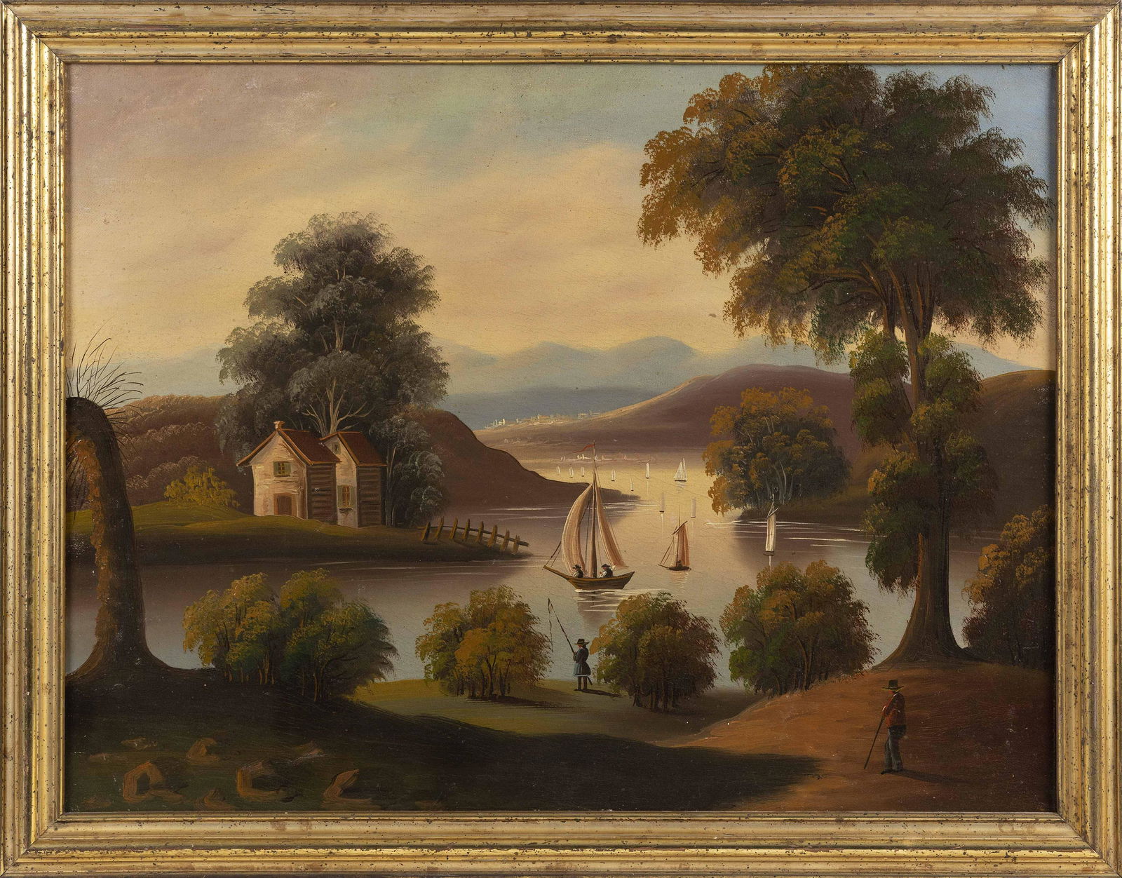 AMERICAN SCHOOL (19th Century,), Primitive river landscape., Oil on canvas, 23.5" x 31". Framed 27" (1 of 2)