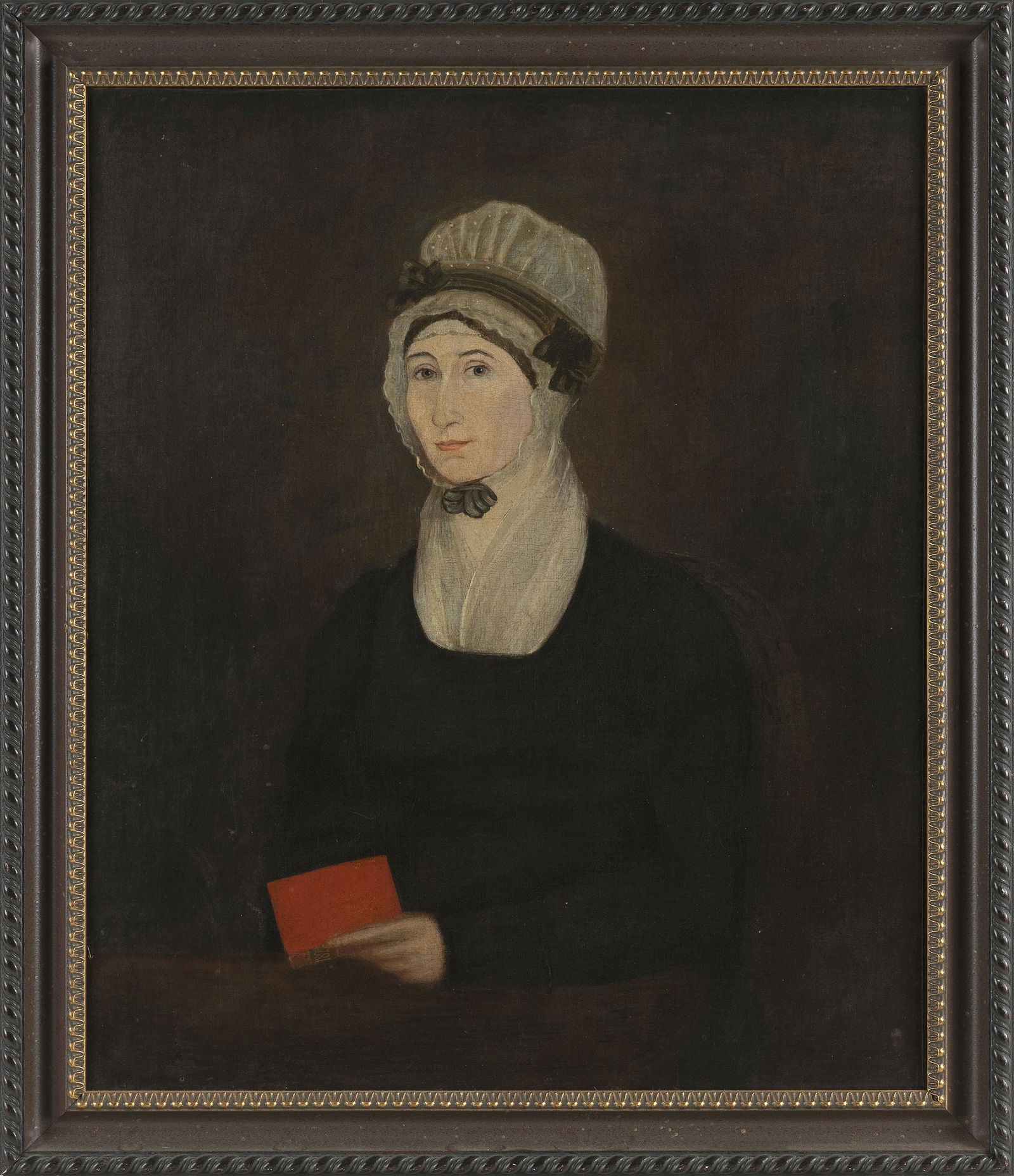 AMERICAN SCHOOL (19th Century,), Portrait of a seated woman wearing a white cap and holding a book., (1 of 2)