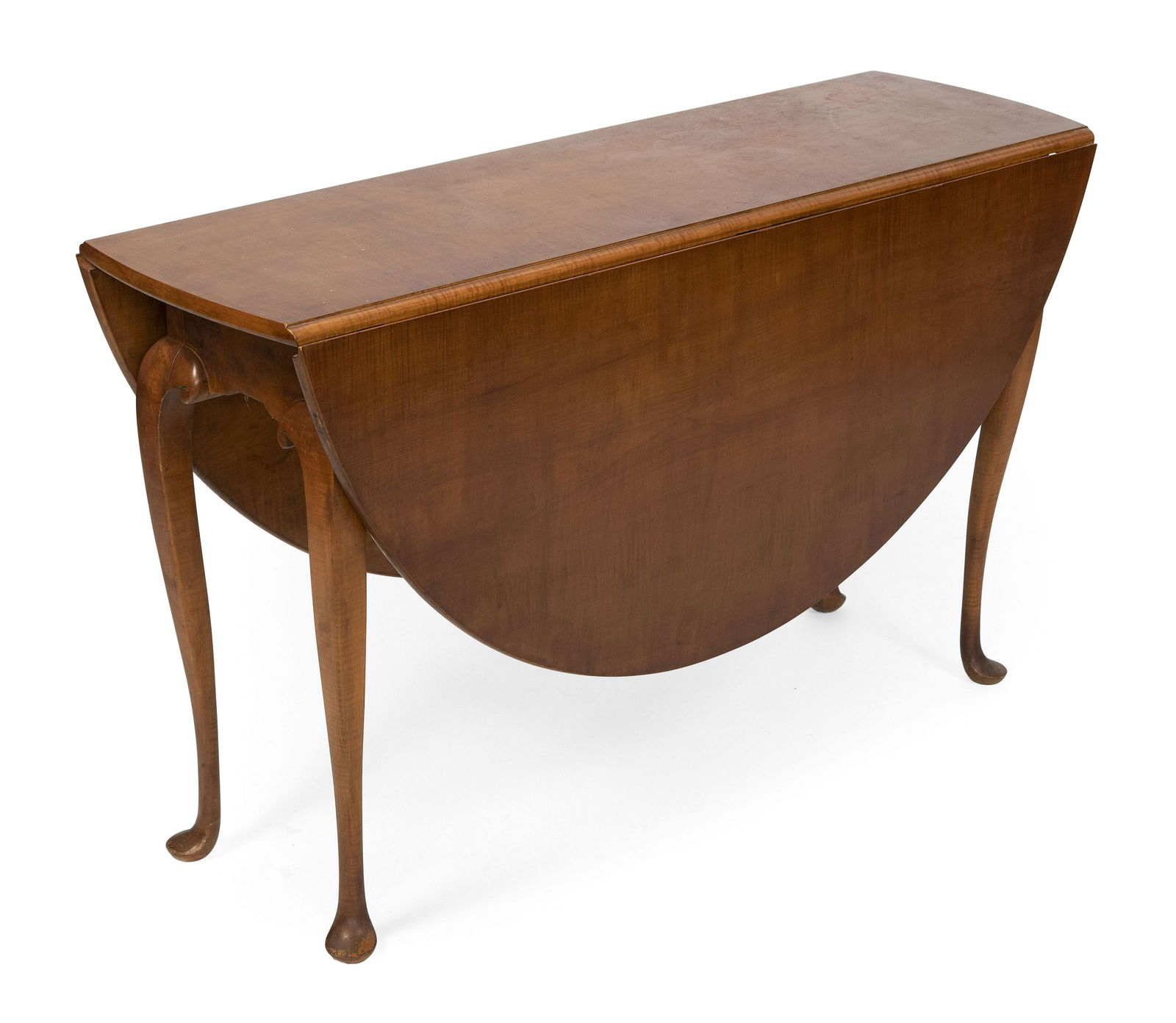 QUEEN ANNE-STYLE DROP-LEAF TABLE BY MARIO A. GENOVESE Natick, Massachusetts, Contemporary Height: QUEEN ANNE-STYLE DROP-LEAF TABLE BY MARIO A. GENOVESENatick, Massachusetts, ContemporaryIn curly maple. Cabriole legs end in pad feet. Branded on underside.Height 28.75”. Length 15.25” plu