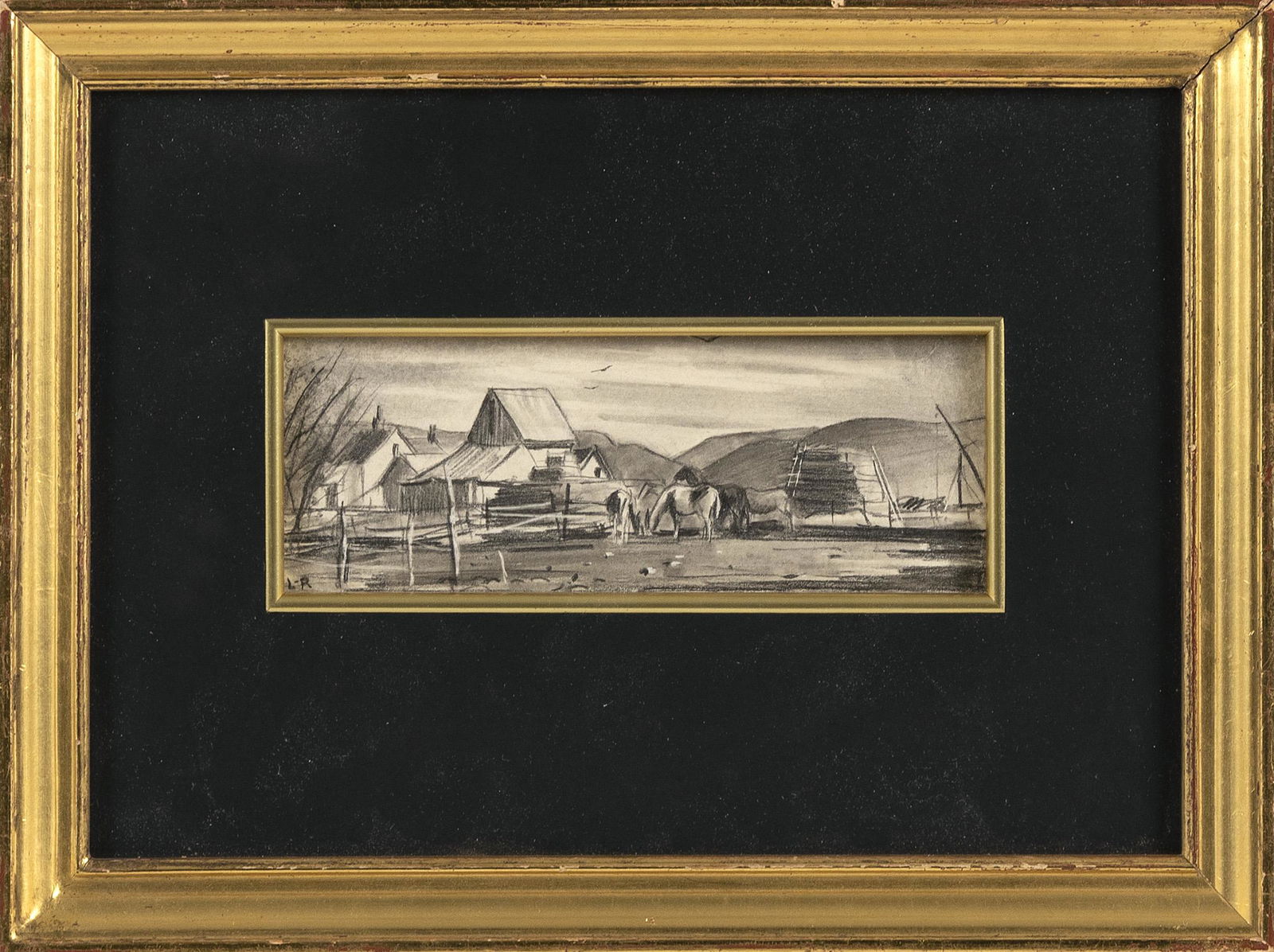 HARRY LEITH-ROSS (Pennsylvania, 1886-1973), Farm landscape., Pencil on paper, 2" x 6" sight. Framed: HARRY LEITH-ROSSPennsylvania, 1886-1973Farm landscape. Signed left "L-R".Pencil on paper, 2" x 6" sight. Framed 8" x 10.25".