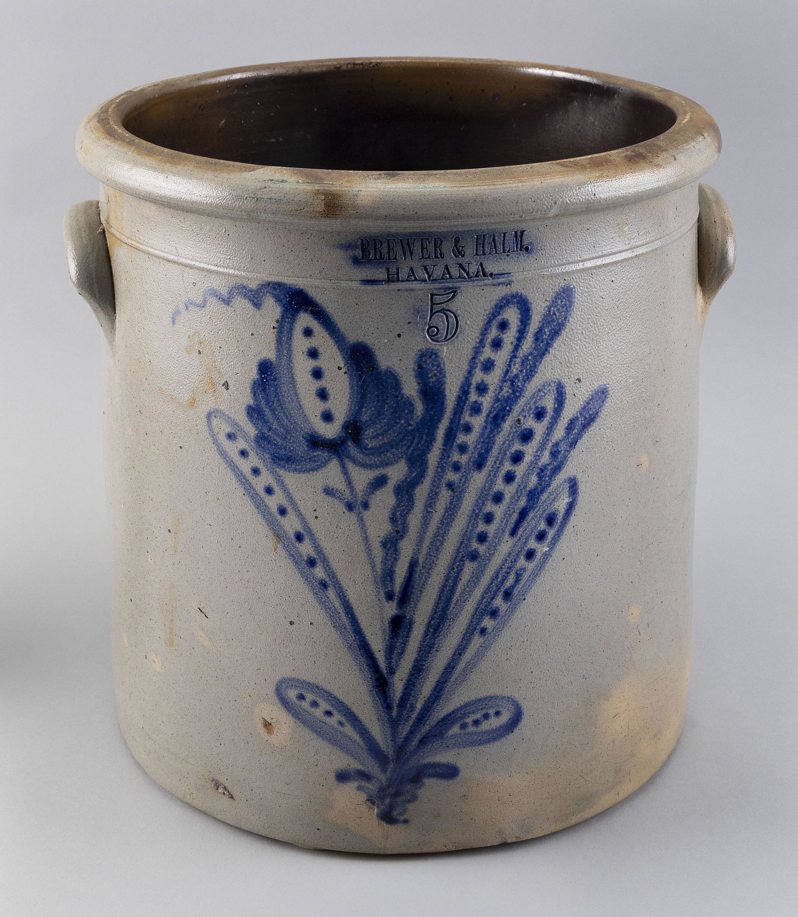 FIVE-GALLON STONEWARE CROCK BY BREWER & HALM, HAVANA Height 13”. (1 of 2)