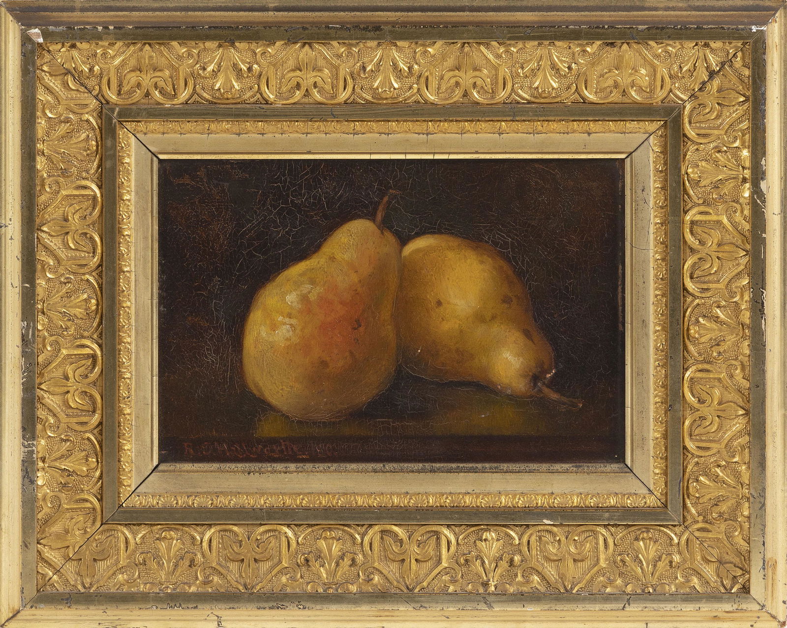 ROBERT E. HALLWORTH (Rhode Island, Late 19th Century), Still life of two pears., Oil on board, (1 of 2)