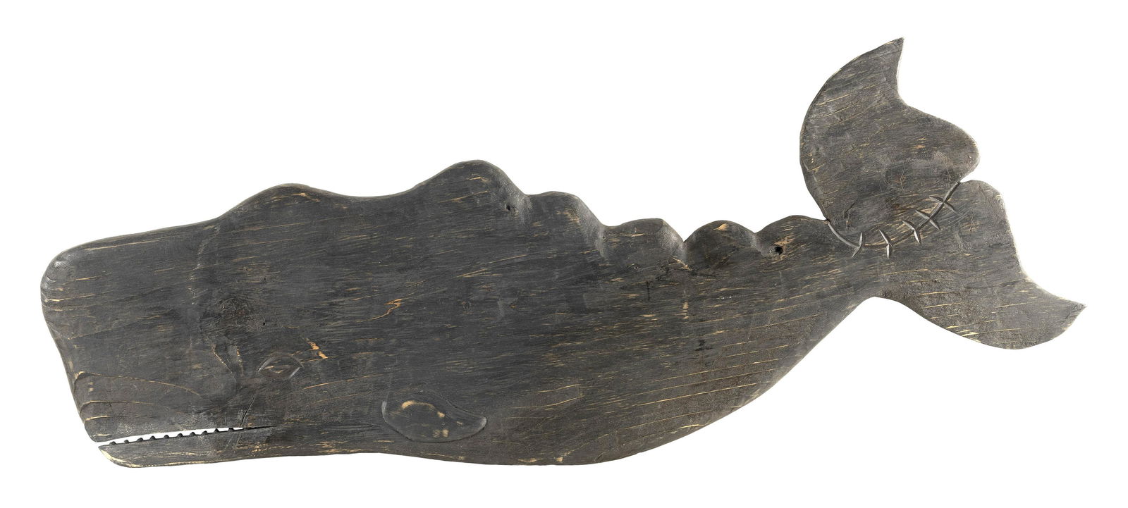 MICHAEL BACLE (Virginia/Nantucket, Contemporary), Hand-carved and painted sperm whale plaque.,: MICHAEL BACLEVirginia/Nantucket, ContemporaryHand-carved and painted sperm whale plaque. Signed verso “Mike Bacle”.Height 18”. Length 57”.