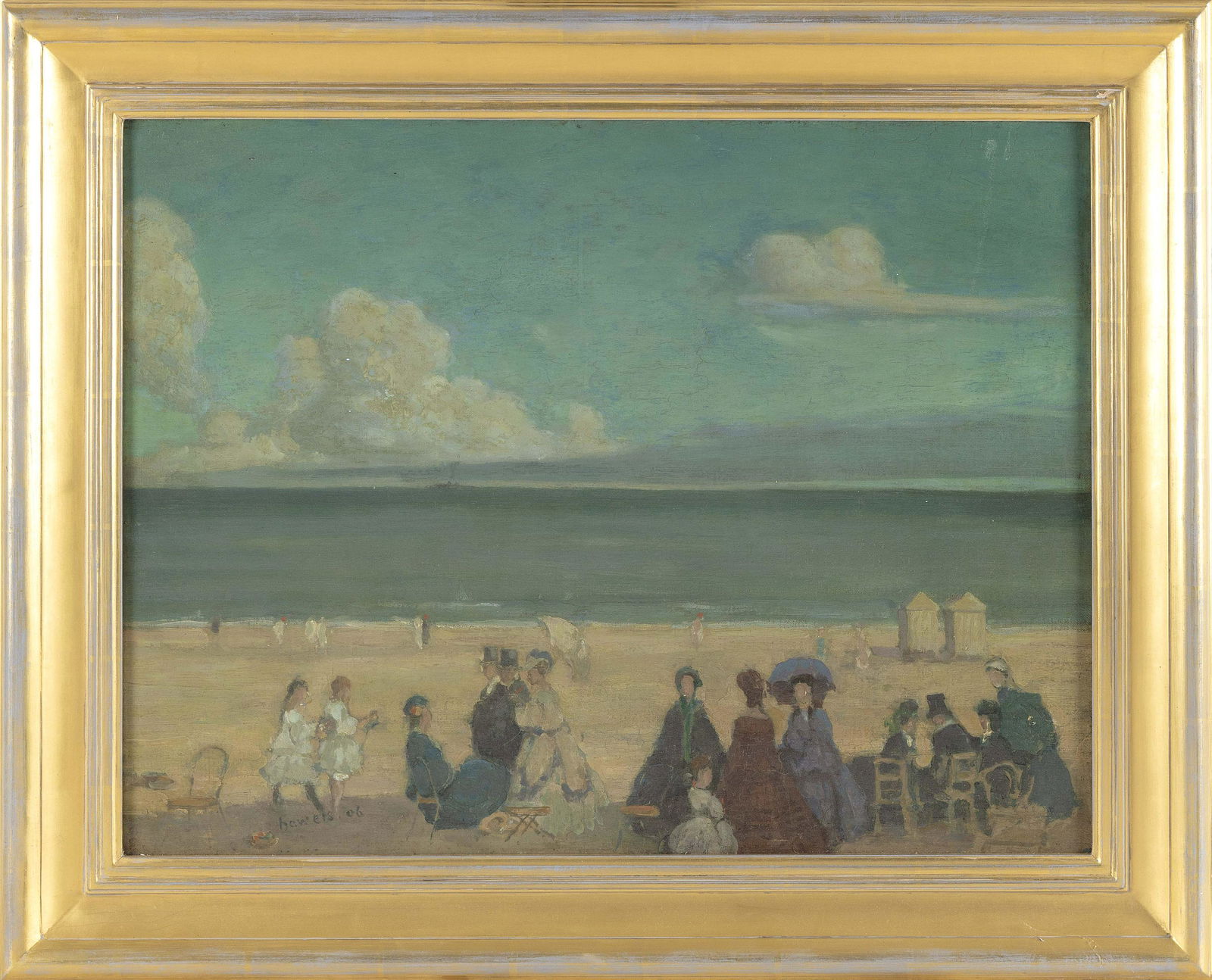 STEPHEN HAWEIS (NEW YORK/U.K. 1878-1969) Beachgoers., Oil on canvas, 18" x 24". Framed 24" x 30".: STEPHEN HAWEIS (New York/U.K. 1878-1969)Early 20th CenturyBeachgoers. Signed and dated lower left "haweis 06".Oil on canvas, 18" x 24". Framed 24" x 30".