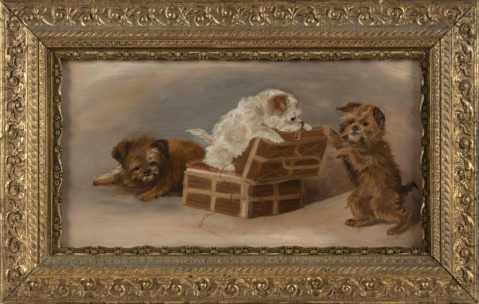 AMERICAN SCHOOL (19th Century,), Three dogs at play., Oil on canvas, 9” x 17”. Framed: AMERICAN SCHOOL 19th Century Three dogs at play. Unsigned. Oil on canvas, 9” x 17”. Framed 14” x 22”.