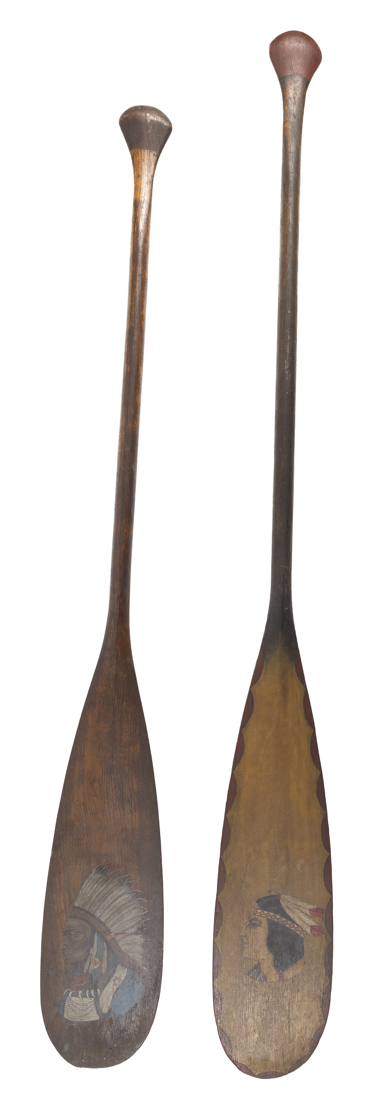 TWO PAINTED CANOE PADDLES Early 20th Century Lengths 54” and 61”. (1 of 4)