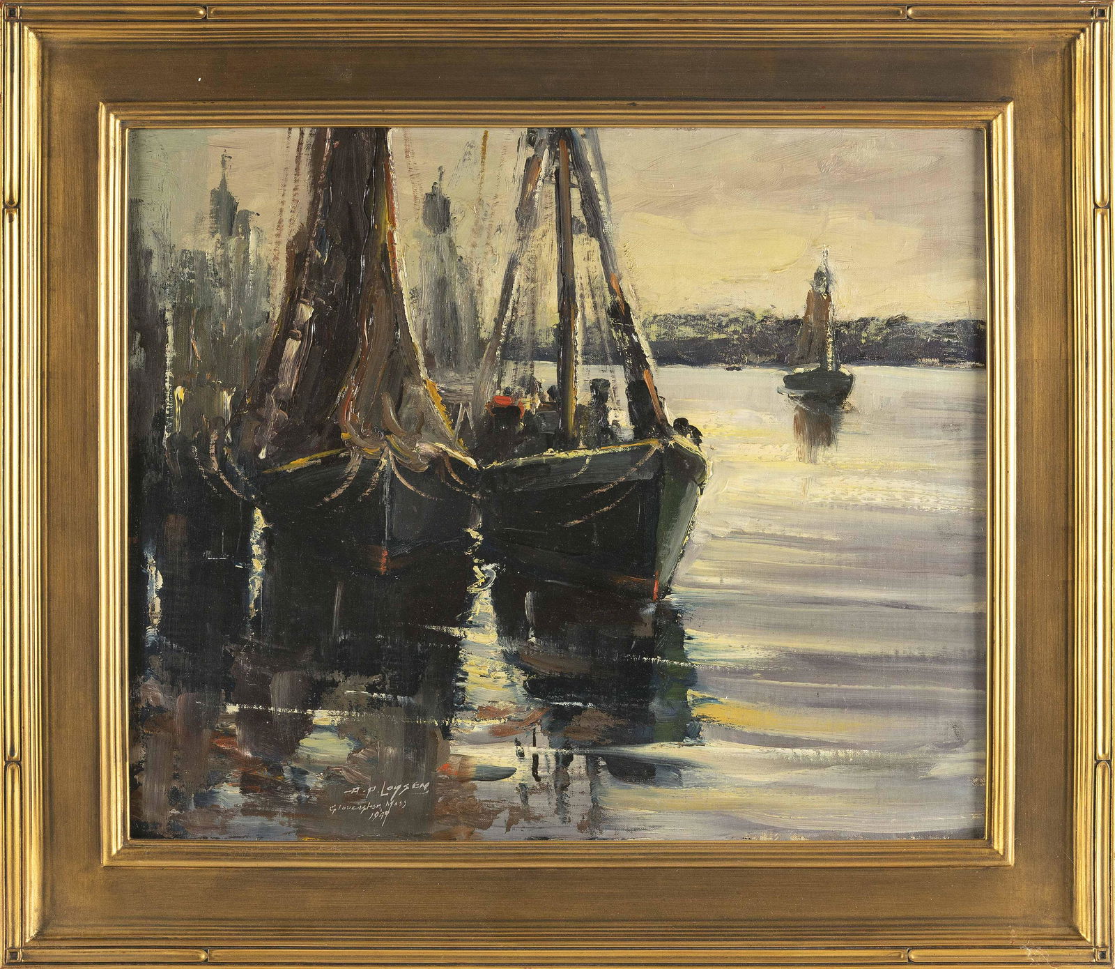 ARTHUR P. LOYSEN (New York, 1872-1949), Sailboats at dock., Oil on masonite, 20” x 24.25” (1 of 2)