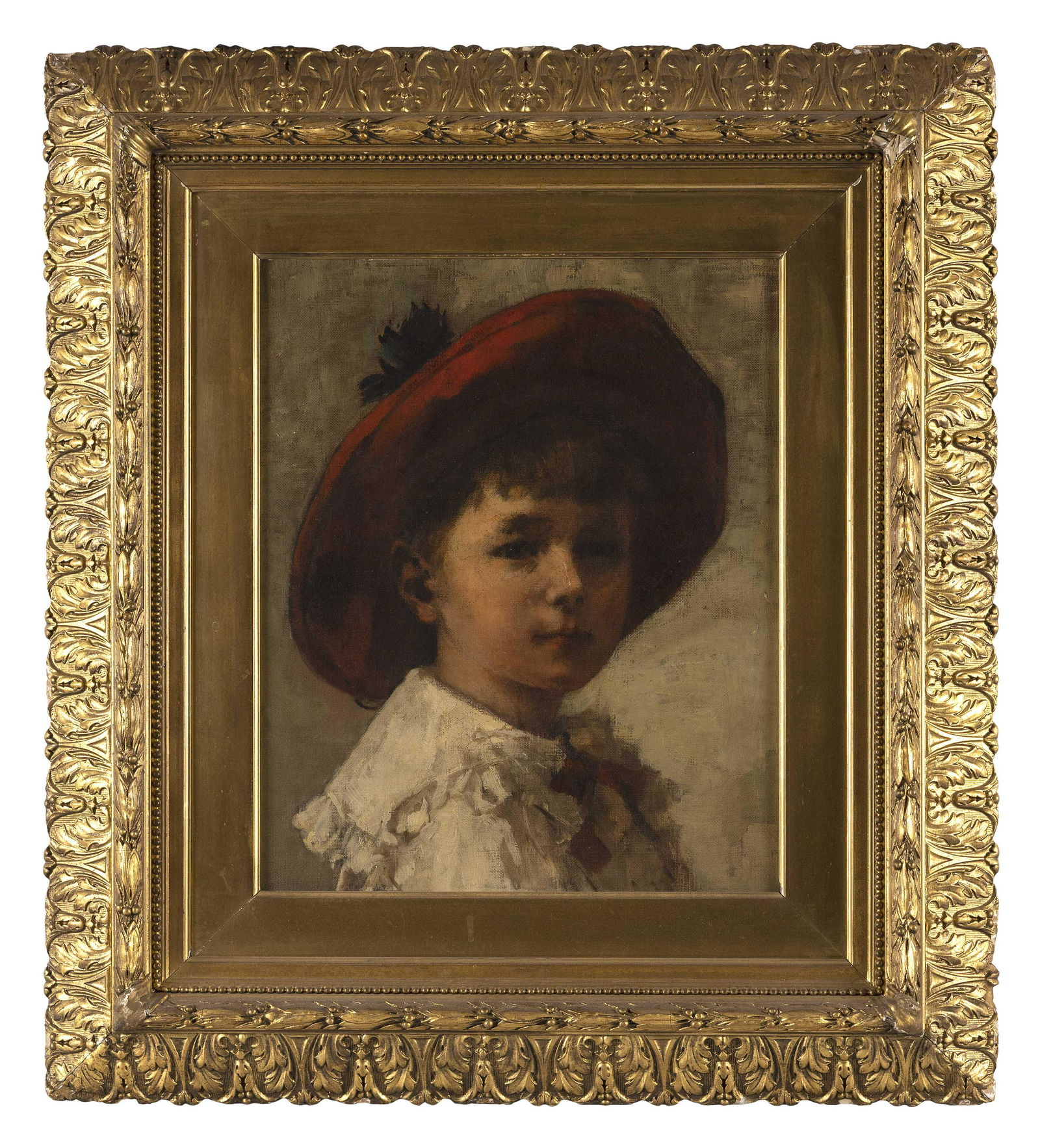 AMERICAN SCHOOL (19th Century,), Portrait of a child wearing a red hat., Oil on canvas, 17" x 14". (1 of 2)