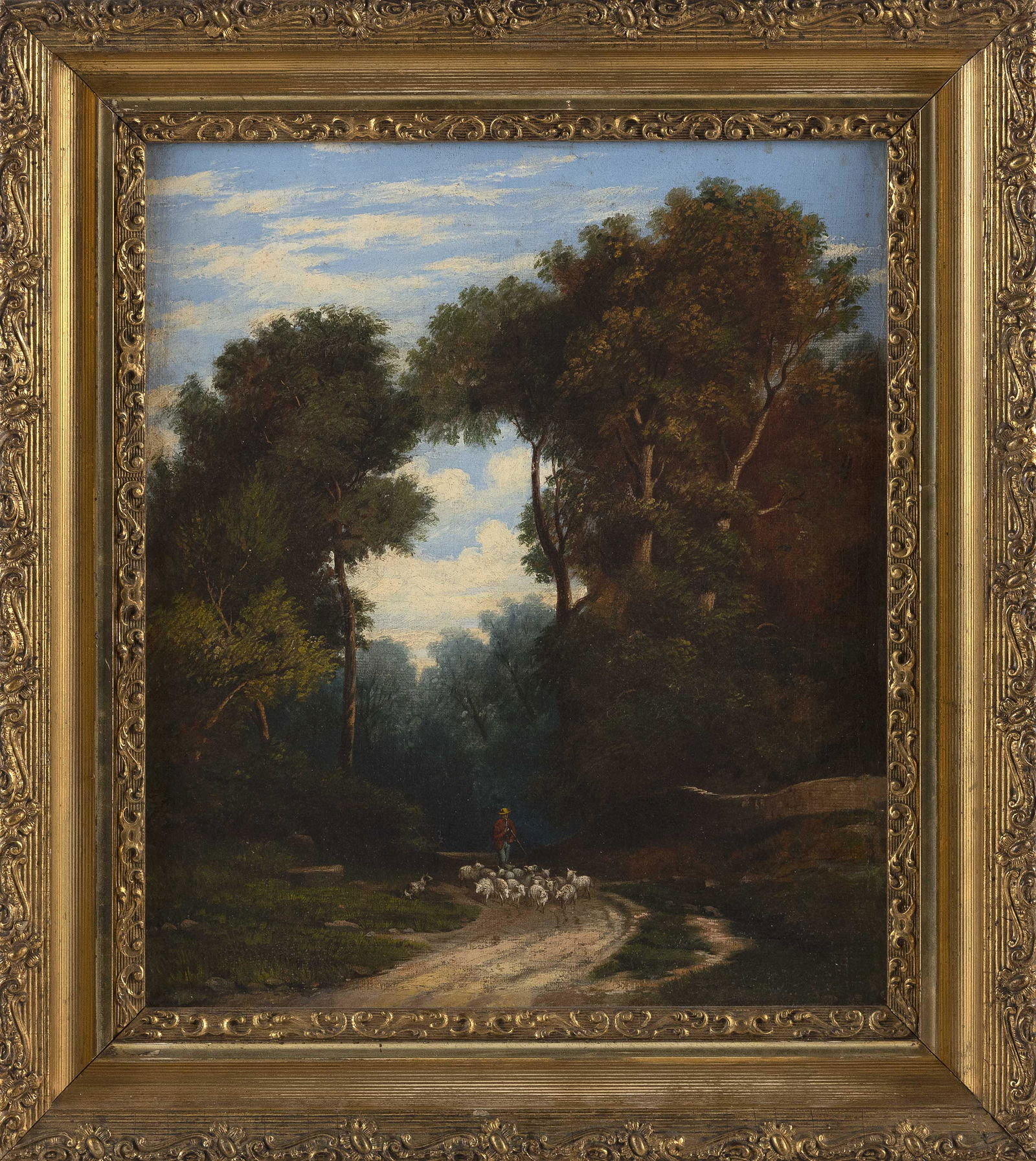 AMERICAN SCHOOL (19th Century,), Sheep on a rural road., Oil on canvas, 14" x 12". Framed 18" x 16". (1 of 2)