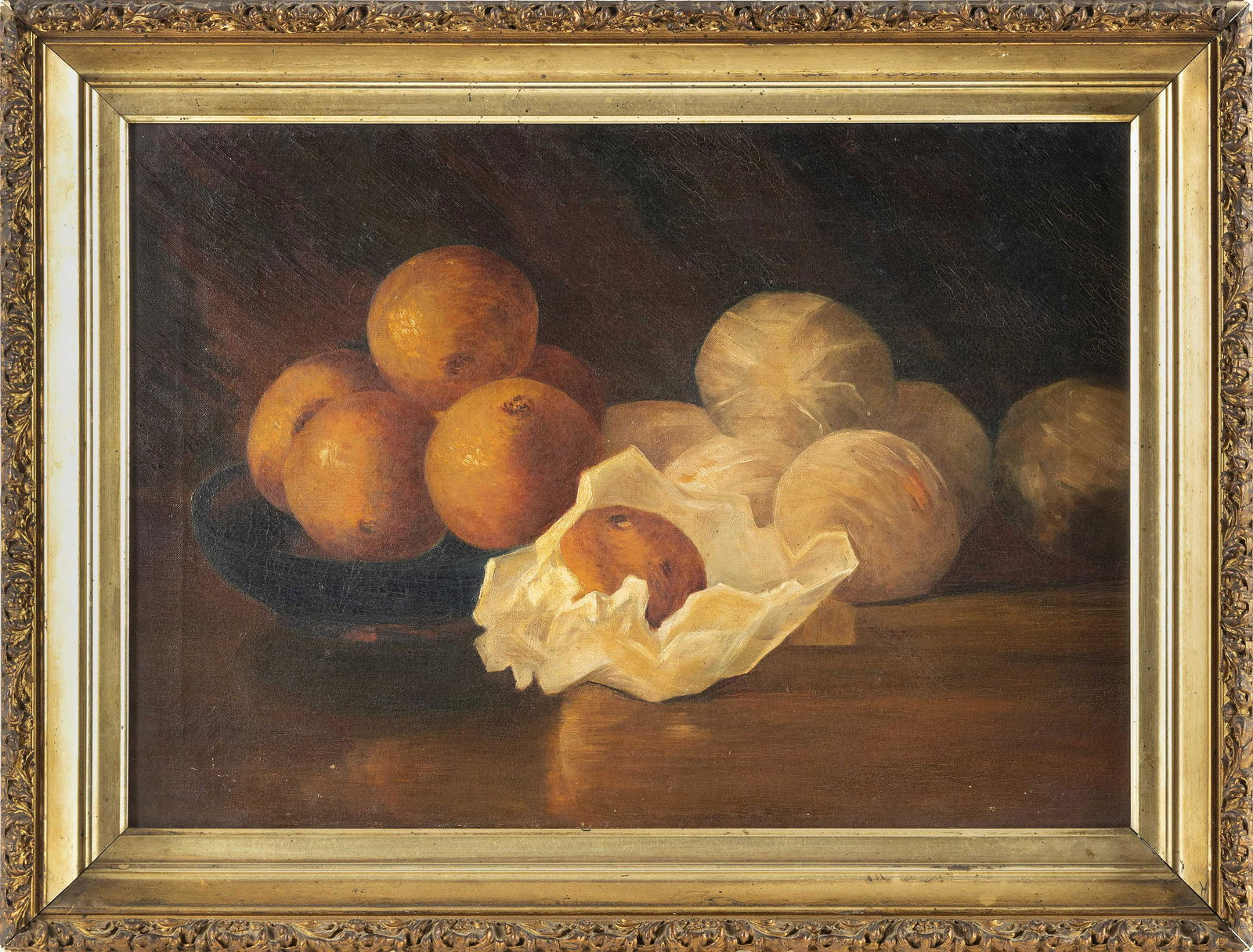 STYLE OF WILLIAM MCCLOSKEY (America, 19th Century), Still life of oranges wrapped in paper., Oil on (1 of 2)