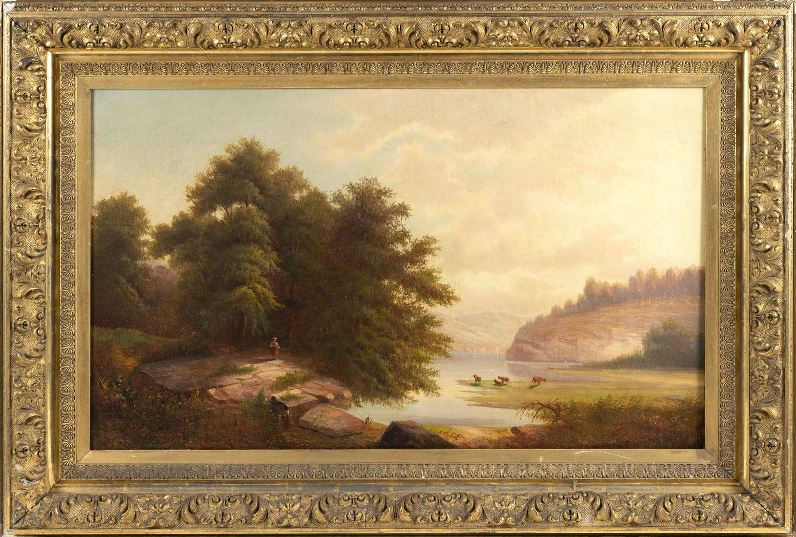 AMERICAN SCHOOL (19th Century,), Expansive mountain river landscape with figures and cattle., Oil on (1 of 2)