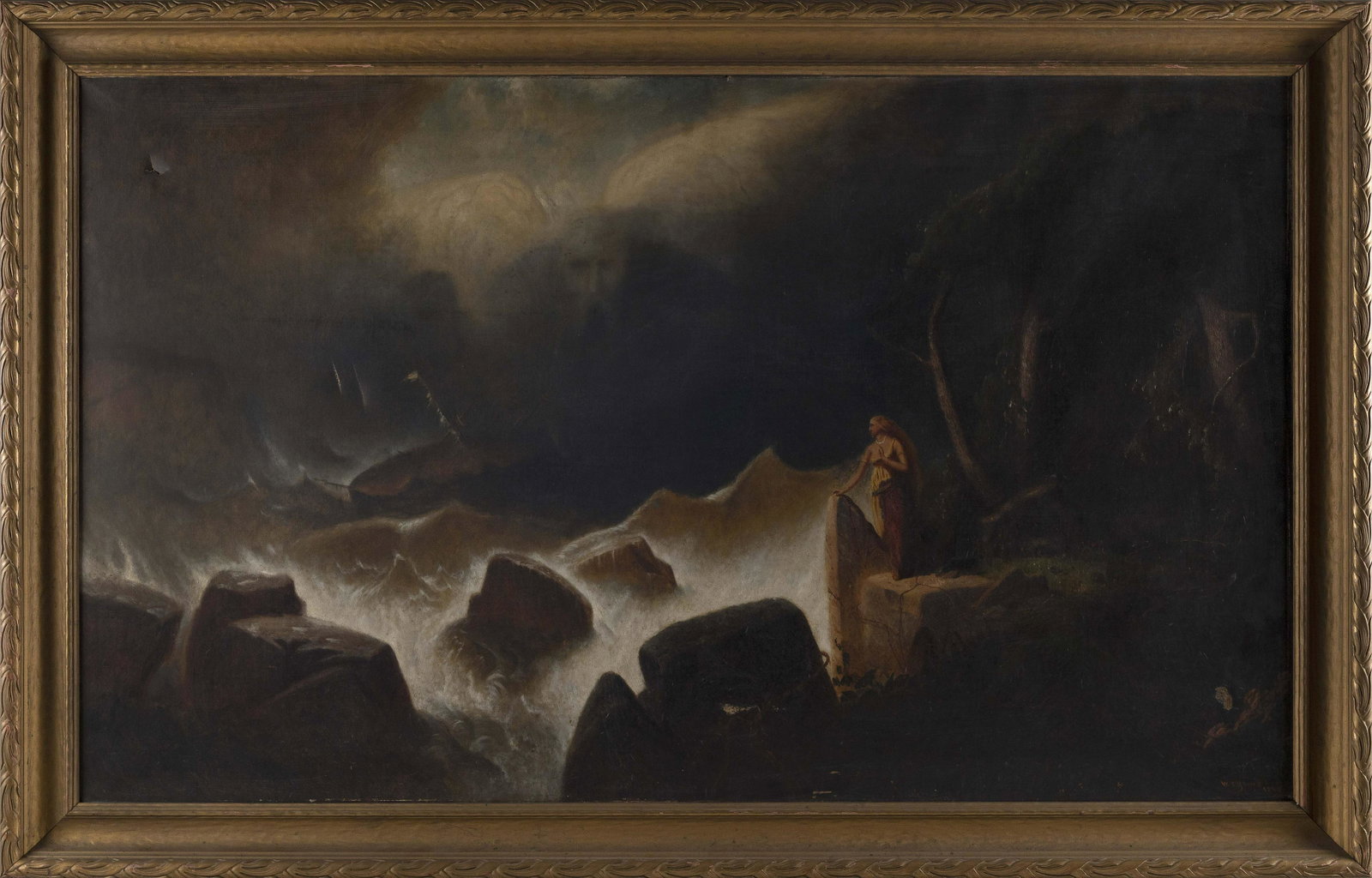 WILLIAM SHERIDAN YOUNG (Ohio/Illinois/Germany, 1836-1878), "The Tempest, Act 1st, SC 2nd, 1876”: WILLIAM SHERIDAN YOUNG Ohio/Illinois/Germany, 1836-1878 "The Tempest, Act 1st, SC 2nd, 1876”. Signed and dated lower right “W.S. Young 1876”. Signed, dated and titled verso. Oil